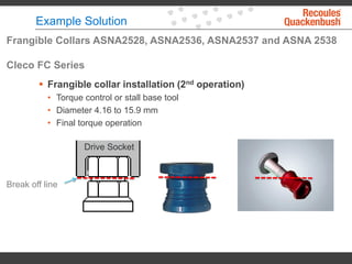 Example Solution
 Frangible collar installation (2nd operation)
• Torque control or stall base tool
• Diameter 4.16 to 15.9 mm
• Final torque operation
Break off line
Frangible Collars ASNA2528, ASNA2536, ASNA2537 and ASNA 2538
Cleco FC Series
Drive Socket
 