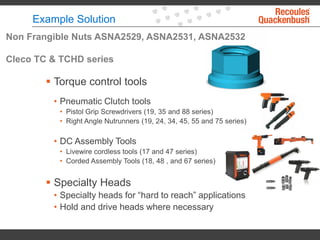 Example Solution
 Torque control tools
• Pneumatic Clutch tools
• Pistol Grip Screwdrivers (19, 35 and 88 series)
• Right Angle Nutrunners (19, 24, 34, 45, 55 and 75 series)
• DC Assembly Tools
• Livewire cordless tools (17 and 47 series)
• Corded Assembly Tools (18, 48 , and 67 series)
 Specialty Heads
• Specialty heads for “hard to reach” applications
• Hold and drive heads where necessary
Non Frangible Nuts ASNA2529, ASNA2531, ASNA2532
Cleco TC & TCHD series
 