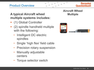 Product Overview
Aircraft Wheel
MultipleA typical Aircraft wheel
multiple systems includes:
 (1) Global Controller
 (2) spindle handheld multiple
with the following:
− Intelligent DC electric
spindles
− Single ‘high flex’ field cable
− Precision rotary suspension
− Manually adjustable
centers
− Torque selector switch
© 2014 APEX TOOL GROUP 29
 