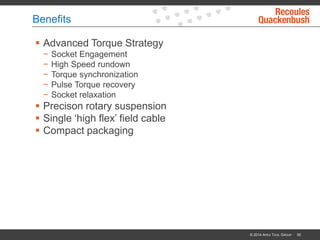 Benefits
 Advanced Torque Strategy
− Socket Engagement
− High Speed rundown
− Torque synchronization
− Pulse Torque recovery
− Socket relaxation
 Precison rotary suspension
 Single ‘high flex’ field cable
 Compact packaging
© 2014 APEX TOOL GROUP 30
 
