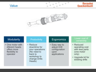 Value
Modularity
• One motor with
diferent heads
offers more
flexibility to
operator
Productivity
• Reduce
downtime for
your operations
(No need to
back to
workshop to
change Drills
Heads)
Ergonomics
• Easy way to
adjust Drill
configuration
upon
applications
Lower cost of
ownership
• Reduced
operating cost
with less parts
(one motor
only)
• Upgrade kit for
existing drills
 