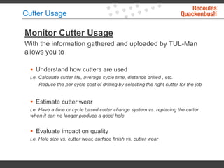Cutter Usage
Monitor Cutter Usage
With the information gathered and uploaded by TUL-Man
allows you to
 Understand how cutters are used
i.e. Calculate cutter life, average cycle time, distance drilled , etc.
Reduce the per cycle cost of drilling by selecting the right cutter for the job
 Estimate cutter wear
i.e. Have a time or cycle based cutter change system vs. replacing the cutter
when it can no longer produce a good hole
 Evaluate impact on quality
i.e. Hole size vs. cutter wear, surface finish vs. cutter wear
 