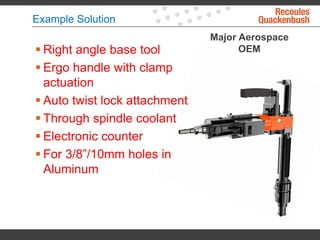 Example Solution
Major Aerospace
OEM Right angle base tool
 Ergo handle with clamp
actuation
 Auto twist lock attachment
 Through spindle coolant
 Electronic counter
 For 3/8”/10mm holes in
Aluminum
 