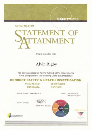Provider No: 21871
WEMENT OF
f,'TAII{MENT
This is to certify that
Alvin Rigby
has been assessed as having fulfilled all the requirements
in the completion of the following Units of Competency
CONDUCT SAFETV & HEAUTH INVESTIGATION
PMAOHS31 OB
RilOHS301A
BSBOHS5OSB
TLIF17A7B
Course location:
Course Director:
Dates: 24th January to
25th January 2011
Victorian Registration &
Qualif ications Authority
srf,r&d 4411 a
asuBiJ"ltf*Fq
-
,-,-
--
?
NAToNALLY R[a6Nlstt
TaA'NrNc
Safety Wise Solutions
 
