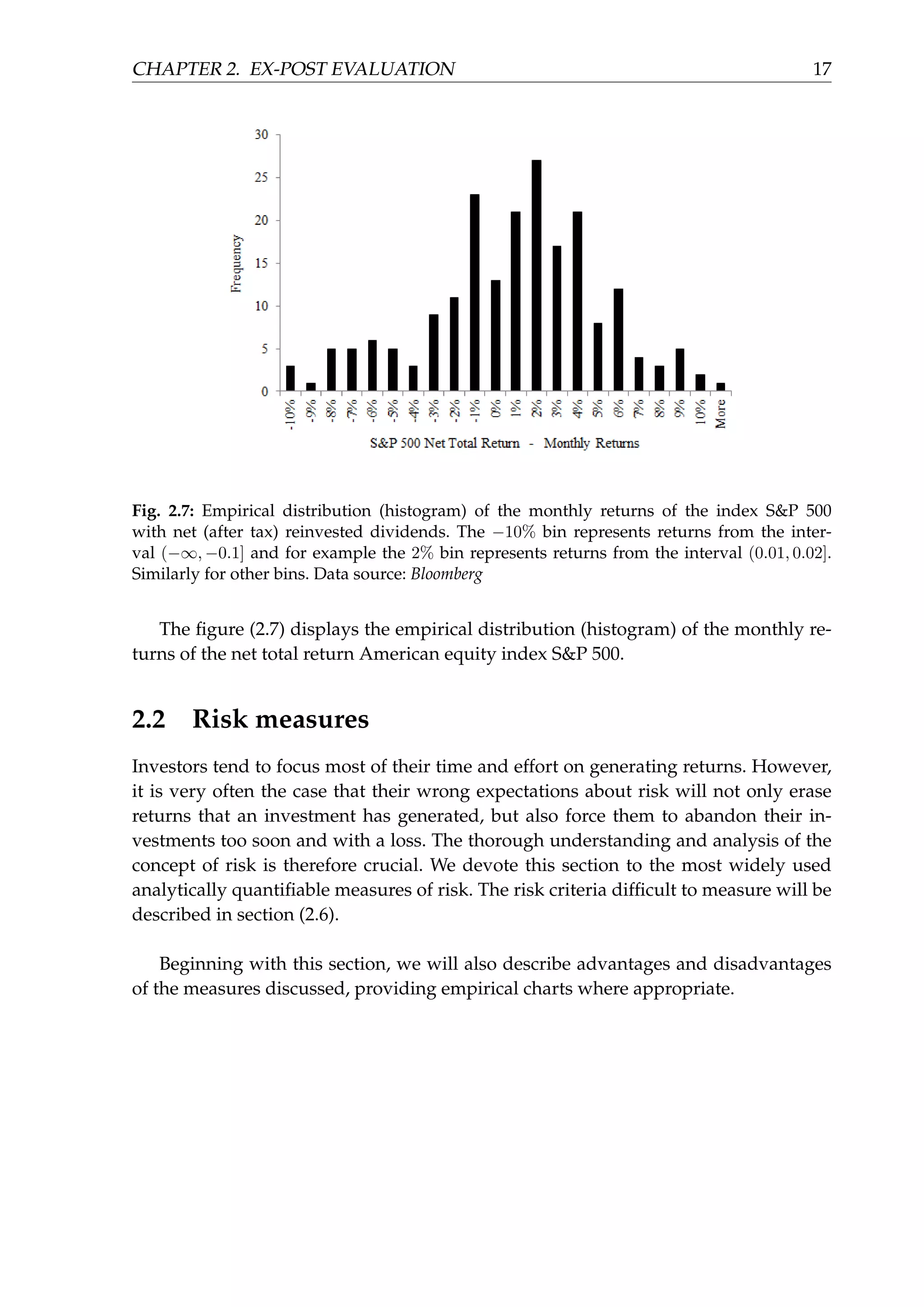 CHAPTER 2. EX-POST EVALUATION 17
Fig. 2.7: Empirical distribution (histogram) of the monthly returns of the index S&P 500
with net (after tax) reinvested dividends. The −10% bin represents returns from the inter-
val (−∞, −0.1] and for example the 2% bin represents returns from the interval (0.01, 0.02].
Similarly for other bins. Data source: Bloomberg
The ﬁgure (2.7) displays the empirical distribution (histogram) of the monthly re-
turns of the net total return American equity index S&P 500.
2.2 Risk measures
Investors tend to focus most of their time and effort on generating returns. However,
it is very often the case that their wrong expectations about risk will not only erase
returns that an investment has generated, but also force them to abandon their in-
vestments too soon and with a loss. The thorough understanding and analysis of the
concept of risk is therefore crucial. We devote this section to the most widely used
analytically quantiﬁable measures of risk. The risk criteria difﬁcult to measure will be
described in section (2.6).
Beginning with this section, we will also describe advantages and disadvantages
of the measures discussed, providing empirical charts where appropriate.
 