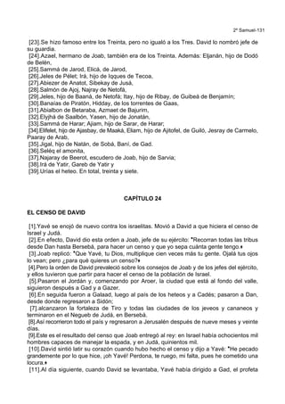 2º Samuel-131
[23].Se hizo famoso entre los Treinta, pero no igualó a los Tres. David lo nombró jefe de
su guardia.
[24].Azael, hermano de Joab, también era de los Treinta. Además: Eljanán, hijo de Dodó
de Belén,
[25].Sammá de Jarod, Elicá, de Jarod,
[26].Jeles de Pélet; Irá, hijo de Iqques de Tecoa,
[27].Abiezer de Anatot, Sibekay de Jusá,
[28].Salmón de Ajoj, Najray de Netofá,
[29].Jeles, hijo de Baaná, de Netofá; Itay, hijo de Ribay, de Guibeá de Benjamín;
[30].Banaías de Piratón, Hidday, de los torrentes de Gaas,
[31].Abialbon de Betaraba, Azmaet de Bajurim,
[32].Elyjhá de Saalbón, Yasen, hijo de Jonatán,
[33].Sammá de Harar; Ajiam, hijo de Sarar, de Harar;
[34].Elifelet, hijo de Ajasbay, de Maaká, Eliam, hijo de Ajitofel, de Guiló, Jesray de Carmelo,
Paaray de Arab,
[35].Jigal, hijo de Natán, de Sobá, Baní, de Gad.
[36].Seléq el amonita,
[37].Najaray de Beerot, escudero de Joab, hijo de Sarvia;
[38].Irá de Yatir, Gareb de Yatir y
[39].Urías el heteo. En total, treinta y siete.
CAPÍTULO 24
EL CENSO DE DAVID
[1].Yavé se enojó de nuevo contra los israelitas. Movió a David a que hiciera el censo de
Israel y Judá.
[2].En efecto, David dio esta orden a Joab, jefe de su ejército: *Recorran todas las tribus
desde Dan hasta Bersebá, para hacer un censo y que yo sepa cuánta gente tengo.+
[3].Joab replicó: *Que Yavé, tu Dios, multiplique cien veces más tu gente. Ojalá tus ojos
lo vean; pero ¿para qué quieres un censo?+
[4].Pero la orden de David prevaleció sobre los consejos de Joab y de los jefes del ejército,
y ellos tuvieron que partir para hacer el censo de la población de Israel.
[5].Pasaron el Jordán y, comenzando por Aroer, la ciudad que está al fondo del valle,
siguieron después a Gad y a Gazer.
[6].En seguida fueron a Galaad, luego al país de los heteos y a Cadés; pasaron a Dan,
desde donde regresaron a Sidón;
[7].alcanzaron la fortaleza de Tiro y todas las ciudades de los jeveos y cananeos y
terminaron en el Negueb de Judá, en Bersebá.
[8].Así recorrieron todo el país y regresaron a Jerusalén después de nueve meses y veinte
días.
[9].Este es el resultado del censo que Joab entregó al rey: en Israel había ochocientos mil
hombres capaces de manejar la espada, y en Judá, quinientos mil.
[10].David sintió latir su corazón cuando hubo hecho el censo y dijo a Yavé: *He pecado
grandemente por lo que hice, ¡oh Yavé! Perdona, te ruego, mi falta, pues he cometido una
locura.+
[11].Al día siguiente, cuando David se levantaba, Yavé había dirigido a Gad, el profeta
 