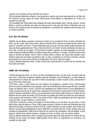 1º Reyes-156
mueran en el campo se los comerán las aves.+
[5].Lo demás referente a Basá, a sus guerras y todo lo que hizo está escrito en el libro de
los Hechos de los reyes de Israel. [6].Cuando murió Basá, lo sepultaron en Tirsa y le
sucedió su hijo Elá.
[7].La palabra de Yavé había sido dirigida por boca del profeta Jehú, hijo de Jananí, contra
Basá y contra su familia, por todo el mal que hizo a los ojos de Yavé, irritándolo con sus
obras como había hecho la familia de Jeroboam, y también por haberlo exterminado a él
y a toda su familia.
ELÁ, REY DE ISRAEL
[8].Elá, hijo de Basá, empezó a reinar en Israel, en la ciudad de Tirsa, el año veintiséis de
Asá, rey de Judá. Reinó dos años. [9].Su servidor Zimri, jefe de la mitad de los carros de
guerra, conspiró contra él. Y aprovechando que se puso a tomar hasta emborracharse en
casa de Arsá, gobernador de Tirsa, [10].entró Zimri y lo mató, el año veintisiete de Asá, rey
de Judá, y reinó en su lugar. [11].Al tomar el poder, apenas se hubo sentado en el trono,
mató a toda la familia de Basá, sin dejar ningún hijo, pariente, ni amigo. [12].Zimri exterminó
toda la familia de Basá, como Yavé lo había dicho a Basá, por boca del profeta Jehú,
[13].por todos los pecados que Basá y Elá, su hijo, cometieron e hicieron cometer a Israel,
provocando con sus vanos ídolos la indignación de Yavé, Dios de Israel.
[14].Lo demás referente a Elá, y todo lo que hizo, está escrito en el libro de los Hechos de
los reyes de Israel.
OMRÍ, REY DE ISRAEL
[15].El reinado de Zimri, en Tirsa, el año veintisiete de Asá, rey de Judá, no duró más de
seis días. [16].Pues el ejército estaba sitiando Guibetón de los filisteos y, cuando llegó al
campamento la noticia de que Zimri había conspirado y dado muerte a Elá, proclamaron
rey a Omrí ese mismo día.
[17].Omrí, pues, y todo Israel con él subieron de Guibetón y sitiaron Tirsa. [18].Cuando
Zimri vio que la ciudad iba a ser tomada, entró en la fortificación de la casa del rey, prendió
fuego al palacio real y murió. [19].Así fue castigado por haber hecho lo que desagrada a
Yavé, ya que anduvo por el camino de Jeroboam e hizo pecar a Israel de la misma manera.
[20].Lo demás referente a Zimri y la conspiración que tramó está escrito en el libro de los
Hechos de los reyes de Israel. [21].Entonces el pueblo de Israel se dividió en dos bandos.
Unos querían dar el poder a Tibní y los otros a Omrí. [22].Los partidarios de Omrí ganaron
a los de Tibní, al que mataron, y reinó Omrí.
[23].Omrí comenzó a reinar en Israel en el año treinta y uno de Asá, rey de Judá, y reinó
doce años, seis de ellos en Tirsa. [24].Luego compró a Semer el cerro de Samaria por dos
talentos de plata. Construyó sobre el cerro y llamó Samaria a esta ciudad, del nombre de
Semer, al que había pertenecido el cerro. [25].Omrí se portó mal con Yavé, siendo peor que
cuantos lo precedieron. [26].Fue en todo por el camino de Jeroboam, hijo de Nabat, e hizo
pecar a Israel de la misma manera, irritando a Yavé, su Dios, con sus vanos ídolos.
[27].Lo demás referente a Omrí y todas las guerras que hizo está escrito en el libro de los
Hechos de los reyes de Israel. [28].Cuando murió Omrí, lo sepultaron en Samaria y le
sucedió su hijo Ajab.
 