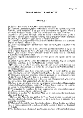 2º Reyes-167
SEGUNDO LIBRO DE LOS REYES
CAPÍTULO 1
[1].Después de la muerte de Ajab, Moab se rebeló contra Israel.
[2].En Samaria, Ocozías se cayó por la ventana de su habitación del segundo piso y quedó
maltrecho. Envió mensajeros, a los que había encomendado lo siguiente: *Vayan a
consultar a Baalzebub, dios de Acarón, para saber si sobreviviré a este accidente.+
[3].Entonces un ángel de Yavé dijo a Elías, del pueblo de Tisbé: *Levántate y sube al
encuentro de los mensajeros del rey de Samaria y diles: ¿Por qué van ustedes a consultar
a Baalzebub, dios de Acarón? ¿Será porque no hay Dios en Israel?
[4].Escuchen, pues, esta palabra de Yavé: De la cama donde te acostaste no te levantarás,
sino que ahí morirás.+ Y Elías se fue.
[5].Los mensajeros regresaron donde Ocozías y éste les dijo: *¿Cómo es que han vuelto
tan rápido?+
[6].Le respondieron: *Nos salió al paso un hombre que nos dijo: Vuelvan al rey que los
envió y díganle de parte de Yavé: ¿Por qué envías a consultar a Baalzebub, dios de
Acarón? ¿Será porque no hay Dios en Israel? Por eso, de la cama donde te acostaste no
te levantarás, sino que ahí morirás.+
[7].El rey les preguntó: *¿Qué aspecto tenía el hombre que les salió al paso y les dijo esas
palabras?+
[8].Ellos le respondieron: *El hombre iba vestido con un manto de pelo y con una faja de
piel ceñida a su cintura.+ El rey dijo: *Es Elías, del pueblo de Tisbé.+
[9].Ocozías envió un jefe de cincuenta, que subió con sus cincuenta hombres para
buscarlo. Elías estaba sentado en la cumbre del cerro. El jefe le dijo: *Hombre de Dios, el
rey manda que bajes.+
[10].Respondió Elías al jefe de los cincuenta hombres: *Si soy hombre de Dios, que baje
fuego del cielo y te devore a ti y a tus hombres.+ Bajó fuego del cielo y los devoró a todos.
[11].El rey volvió a mandarle otro jefe de cincuenta, que subió con sus cincuenta hombres
y le dijo: *Hombre de Dios, el rey dice que te apresures a bajar.+
[12].Respondió Elías: *Si soy hombre de Dios, que baje el fuego del cielo y te devore a
ti y a tus hombres.+ Bajó fuego del cielo y los devoró a todos.
[13].Volvió el rey a enviarle un tercer jefe con cincuenta hombres. Este, al llegar, cayó de
rodillas ante Elías y le dirigió estas palabras: *Hombre de Dios, te ruego que me perdones,
así como a mis cincuenta hombres; todos somos siervos tuyos.
[14].Ya sé que bajó dos veces fuego del cielo y ha consumido a los cincuenta hombres con
sus jefes. Ahora, pues, dígnate perdonarme la vida.+
[15].Entonces el ángel de Yavé dijo a Elías: *Baja con él y no lo temas.+ Se levantó, pues,
y bajó con él donde el rey,
[16].al que dijo: *Escucha esta palabra de Yavé: Porque enviaste mensajeros para
consultar a Baalzebub, dios de Acarón, por eso de la cama donde te acostaste no te
levantarás; ahí morirás.+
[17].Murió en efecto, según lo había dicho Yavé por boca de Elías y, debido a que no tenía
hijos, su hermano Joram reinó en su lugar, en el año segundo de Joram, hijo de Josafat,
rey de Judá.
[18].Lo demás referente a Ocozías, lo que hizo, está escrito en el libro de las Crónicas de
 