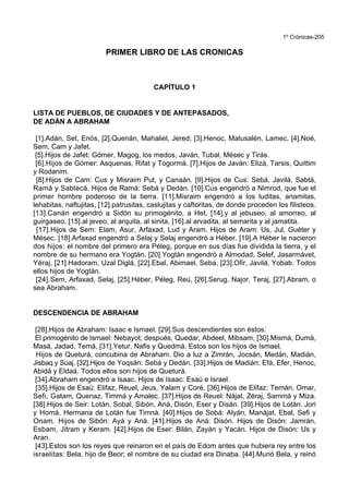 1º Crónicas-205
PRIMER LIBRO DE LAS CRONICAS
CAPÍTULO 1
LISTA DE PUEBLOS, DE CIUDADES Y DE ANTEPASADOS,
DE ADÁN A ABRAHAM
[1].Adán, Set, Enós, [2].Quenán, Mahaliel, Jered; [3].Henoc, Matusalén, Lamec, [4].Noé,
Sem, Cam y Jafet.
[5].Hijos de Jafet: Gómer, Magog, los medos, Javán, Tubal, Mésec y Tirás.
[6].Hijos de Gómer: Asquenas, Rifat y Togormá. [7].Hijos de Javán: Elizá, Tarsis, Quittim
y Rodanim.
[8].Hijos de Cam: Cus y Misraim Put, y Canaán. [9].Hijos de Cus: Sebá, Javilá, Sabtá,
Ramá y Sabtecá. Hijos de Ramá: Sebá y Dedán. [10].Cus engendró a Nimrod, que fue el
primer hombre poderoso de la tierra. [11].Misraim engendró a los luditas, anamitas,
lehabitas, naftujitas, [12].patrusitas, caslujitas y caftoritas, de donde proceden los filisteos.
[13].Canán engendró a Sidón su primogénito, a Het, [14].y al jebuseo, al amorreo, al
guirgaseo, [15].al jeveo, al arquita, al sinita, [16].al arvadita, al semarita y al jamatita.
[17].Hijos de Sem: Elam, Asur, Arfaxad, Lud y Aram. Hijos de Aram: Us, Jul, Guéter y
Mésec. [18].Arfaxad engendró a Selaj y Selaj engendró a Héber. [19].A Héber le nacieron
dos hijos: el nombre del primero era Péleg, porque en sus días fue dividida la tierra, y el
nombre de su hermano era Yogtán. [20].Yogtán engendró a Almodad, Selef, Jasarmávet,
Yéraj, [21].Hadoram, Uzal Diglá, [22].Ebal, Abimael, Seba, [23].Ofir, Javilá, Yobab. Todos
ellos hijos de Yogtán.
[24].Sem, Arfaxad, Selaj, [25].Héber, Péleg, Reú, [26].Serug, Najor, Teraj, [27].Abram, o
sea Abraham.
DESCENDENCIA DE ABRAHAM
[28].Hijos de Abraham: Isaac e Ismael. [29].Sus descendientes son éstos:
El primogénito de Ismael: Nebayot; después, Quedar, Abdeel, Mibsam, [30].Mismá, Dumá,
Masá, Jadad, Temá, [31].Yetur, Nafis y Quedmá. Estos son los hijos de Ismael.
Hijos de Queturá, concubina de Abraham. Dio a luz a Zimrán, Jocsán, Medán, Madián,
Jisbaq y Súaj. [32].Hijos de Yoqsán: Sebá y Dedán. [33].Hijos de Madián: Efá, Efer, Henoc,
Abidá y Eldaá. Todos ellos son hijos de Queturá.
[34].Abraham engendró a Isaac. Hijos de Isaac: Esaú e Israel.
[35].Hijos de Esaú: Elifaz, Reuel, Jeus, Yalam y Coré. [36].Hijos de Elifaz: Temán, Omar,
Sefi, Gatam, Quenaz, Timmá y Amalec. [37].Hijos de Reuel: Nájat, Zéraj, Sammá y Miza.
[38].Hijos de Seir: Lotán, Sobal, Sibón, Aná, Disón, Eser y Disán. [39].Hijos de Lotán: Jori
y Homá. Hermana de Lotán fue Timná. [40].Hijos de Sobá: Alyán, Manájat, Ebal, Sefi y
Onam. Hijos de Sibón: Ayá y Aná. [41].Hijos de Aná: Disón. Hijos de Disón: Jamrán,
Esbam, Jitram y Keram. [42].Hijos de Eser: Bilán, Zayán y Yacán. Hijos de Disón: Us y
Aran.
[43].Estos son los reyes que reinaron en el país de Edom antes que hubiera rey entre los
israelitas: Bela, hijo de Beor; el nombre de su ciudad era Dinaba. [44].Murió Bela, y reinó
 