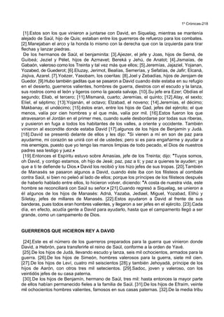 1º Crónicas-218
[1].Estos son los que vinieron a juntarse con David, en Siquelag, mientras se mantenía
alejado de Saúl, hijo de Quis; estaban entre los guerreros de refuerzo para los combates.
[2].Manejaban el arco y la honda lo mismo con la derecha que con la izquierda para tirar
flechas y lanzar piedras.
De los hermanos de Saúl, el benjaminita: [3].Ajiezer, el jefe y Joas, hijos de Semá, de
Guibeá; Jeziel y Pélet, hijos de Azmavet; Bereká y Jehú, de Anatot; [4].Jismaías, de
Gabaón, valeroso como los Treinta y tal vez más que ellos; [5].Jeremías, Jajaziel, Yojanan,
Yozabed, de Guederot; [6].Eluzay, Jerimot, Bealías, Semerías, y Sefatías, de Jafir; Elcaná,
Jisjiva, Azarel. [7].Yoézer, Yasobam, los coeritas: [8].Joel y Zebadías, hijos de Jerojam de
Guedor. [9].Hubo también gaditas que se pasaron a David cuando éste estaba en su refugio
en el desierto, guerreros valientes, hombres de guerra, diestros con el escudo y la lanza,
sus rostros como el león y ligeros como la gacela salvaje. [10].Su jefe era Ezer; Obdías el
segundo; Eliab, el tercero; [11].Mismaná, cuarto; Jeremías, el quinto; [12].Atay, el sexto;
Eliel, el séptimo; [13].Yojanán, el octavo; Elzabad, el noveno; [14].Jeremías, el décimo;
Makbanay, el undécimo; [15].éstos eran, entre los hijos de Gad, jefes del ejército; el que
menos, valía por cien hombres y el que más, valía por mil. [16].Estos fueron los que
atravesaron el Jordán en el primer mes, cuando suele desbordarse por todas sus riberas,
y pusieron en fuga a todos los habitantes de los valles, a oriente y occidente. También
vinieron al escondite donde estaba David [17].algunos de los hijos de Benjamín y Judá.
[18].David se presentó delante de ellos y les dijo: *Si vienen a mí en son de paz para
ayudarme, mi corazón se unirá con el de ustedes; pero si es para engañarme y ayudar a
mis enemigos, puesto que yo tengo las manos limpias de todo pecado, el Dios de nuestros
padres sea testigo y juez.+
[19].Entonces el Espíritu estuvo sobre Amasías, jefe de los Treinta; dijo: *Tuyos somos,
oh David, y contigo estamos, oh hijo de Jesé; paz, paz a ti; y paz a quienes te ayuden; ya
que a ti te defiende tu Dios.+ David los recibió y los hizo jefes de sus tropas. [20].También
de Manasés se pasaron algunos a David, cuando éste iba con los filisteos al combate
contra Saúl, si bien no peleó al lado de ellos; porque los príncipes de los filisteos después
de haberlo hablado entre ellos, lo hicieron volver, diciendo: *A costa de nuestra vida, este
hombre se reconciliará con Saúl su señor.+ [21].Cuando regresó a Siquelag, se unieron a
él algunos de los hijos de Manasés: Adná, Yazaba, Jediael, Miguel, Yozabad, Elihú y
Siletay, jefes de millares de Manasés. [22].Estos ayudaron a David al frente de sus
banderas, pues todos eran hombres valientes, y llegaron a ser jefes en el ejército. [23].Cada
día, en efecto, acudía gente a David para ayudarlo, hasta que el campamento llegó a ser
grande, como un campamento de Dios.
GUERREROS QUE HICIERON REY A DAVID
[24].Este es el número de los guerreros preparados para la guerra que vinieron donde
David, a Hebrón, para transferirle el reino de Saúl, conforme a la orden de Yavé.
[25].De los hijos de Judá, llevando escudo y lanza, seis mil ochocientos, armados para la
guerra. [26].De los hijos de Simeón, hombres valerosos para la guerra, siete mil cien.
[27].De los hijos de Leví, cuatro mil seiscientos [28].y también Jehoyadá, príncipe de los
hijos de Aarón, con otros tres mil setecientos. [29].Sadoc, joven y valeroso, con los
veintidós jefes de su casa paterna.
[30].De los hijos de Benjamín, hermano de Saúl, tres mil: hasta entonces la mayor parte
de ellos habían permanecido fieles a la familia de Saúl. [31].De los hijos de Efraím, veinte
mil ochocientos hombres valientes, famosos en sus casas paternas. [32].De la media tribu
 