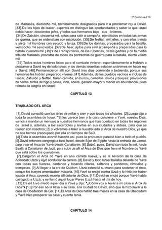 1º Crónicas-219
de Manasés, dieciocho mil, nominalmente designados para ir a proclamar rey a David.
[33].De los hijos de Isacar, expertos en distinguir las oportunidades y saber lo que Israel
debía hacer, doscientos jefes, y todos sus hermanos bajo sus órdenes.
[34].De Zabulón, cincuenta mil, aptos para salir a campaña, ejercitados en todas las armas
de guerra, que se ordenaban con resolución. [35].De Neftalí, mil jefes, y con ellos treinta
y siete mil hombres con escudo y lanza. [36].De los danitas, preparados para la batalla,
veintiocho mil seiscientos. [37].De Aser, aptos para salir a campaña y preparados para la
batalla, cuarenta mil. [38].Y de Transjordania, de los rubenitas, de los gaditas y de la media
tribu de Manasés, provistos de todos los pertrechos de guerra para la batalla, ciento veinte
mil.
[39].Todos estos hombres listos para el combate vinieron espontáneamente a Hebrón a
proclamar a David rey de todo Israel; y los demás israelitas estaban unánimes en hacer rey
a David. [40].Permanecieron allí con David tres días comiendo y bebiendo, porque sus
hermanos les habían preparado víveres. [41].Además, de los pueblos vecinos e incluso de
Isacar, Zabulón y Neftalí, traían comida, en burros, camellos, mulos y bueyes; provisiones
de harina, tortas de higo y pasas, vino, aceite, ganado mayor y menor en abundancia, pues
reinaba la alegría en Israel.
CAPÍTULO 13
TRASLADO DEL ARCA
[1].David consultó con los jefes de millar y cien y con todos los oficiales. [2].Luego dijo a
toda la asamblea de Israel: *Si les parece bien y la cosa conviene a Yavé, nuestro Dios,
vamos a mandar un mensaje a nuestros hermanos que han quedado en todas las regiones
de Israel y, además, a los sacerdotes y levitas en sus ciudades y aldeas, para que se
reúnan con nosotros; [3].y volvamos a traer a nuestro lado el Arca de nuestro Dios, ya que
no nos hemos preocupado por ella en tiempos de Saúl.
[4].Toda la asamblea acordó hacerlo así, pues la propuesta pareció bien a todo el pueblo.
[5].David entonces congregó a todo Israel, desde Sijor de Egipto hasta la entrada de Jamat,
para traer el Arca de Yavé desde Cariatiarim. [6].Subió, pues, David con todo Israel, hacia
Baalá, a Cariatiarim de Judá, para subir de allí el Arca de Dios que lleva el Nombre de Yavé
que está sobre los querubines.
[7].Cargaron el Arca de Yavé en una carreta nueva, y se la llevaron de la casa de
Abinadab; Uzzá y Ajyó conducían la carreta. [8].David y todo Israel bailaba delante de Yavé
con todas sus fuerzas, cantando y tocando cítaras, salterios y panderos, címbalos y
trompetas. [9].Al llegar a la era de Quidom, Uzzá extendió su mano para sostener el Arca,
porque los bueyes amenazaban volcarla. [10].Yavé se enojó contra Uzzá y lo hirió por haber
tocado el Arca, cayendo muerto allí delante de Dios. [11].David se enojó porque Yavé había
castigado a Uzzá; y se llamó aquel lugar Peres Uzzá hasta el día de hoy.
[12].David tuvo miedo aquel día a Yavé y dijo: *¿Cómo voy a llevar a mi casa el Arca de
Dios?+ [13].Por eso no la llevó a su casa, a la ciudad de David, sino que la hizo llevar a la
casa de Obededom de Gat. [14].El Arca de Dios habitó tres meses en la casa de Obededom
y Yavé hizo prosperar su casa y cuanto tenía.
CAPÍTULO 14
 