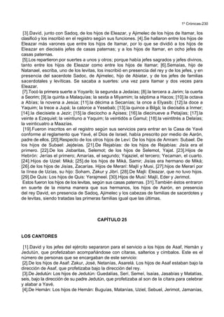 1º Crónicas-230
[3].David, junto con Sadoq, de los hijos de Eleazar, y Ajimelec de los hijos de Itamar, los
clasificó y los inscribió en el registro según sus funciones. [4].Se hallaron entre los hijos de
Eleazar más varones que entre los hijos de Itamar, por lo que se dividió a los hijos de
Eleazar en dieciséis jefes de casas paternas; y a los hijos de Itamar, en ocho jefes de
casas paternas.
[5].Los repartieron por suertes a unos y otros; porque había jefes sagrados y jefes divinos,
tanto entre los hijos de Eleazar como entre los hijos de Itamar; [6].Semaías, hijo de
Natanael, escriba, uno de los levitas, los inscribió en presencia del rey y de los jefes, y en
presencia del sacerdote Sadoc, de Ajimelec, hijo de Abiatar, y de los jefes de familias
sacerdotales y levíticas. Se sacaba a suertes: una vez para Itamar y dos veces para
Eleazar.
[7].Tocó la primera suerte a Yoyarib; la segunda a Jedaías; [8].la tercera a Jarim; la cuerta
a Seorim; [9].la quinta a Malaquías; la sexta a Miyamim; la séptima a Hacos; [10].la octava
a Abías; la novena a Jesúa; [11].la décima a Secanías; la once a Elyasib; [12].la doce a
Yaquim; la trece a Jupá; la catorce a Yesebab; [13].la quince a Bilgá; la dieciséis a Inmer;
[14].la diecisiete a Jezir; [15].la dieciocho a Apises; [16].la diecinueve a Petajías; [17].la
veinte a Ezequiel; la veintiuno a Yaquim; la veintidós a Gamul; [18].la veintitrés a Delaías;
la veinticuatro a Maazías.
[19].Fueron inscritos en el registro según sus servicios para entrar en la Casa de Yavé
conforme al reglamento que Yavé, el Dios de Israel, había prescrito por medio de Aarón,
padre de ellos. [20].Respecto de los otros hijos de Leví: De los hijos de Amram: Subael. De
los hijos de Subael: Jejdeías. [21].De Rejabías: de los hijos de Rejabías: Jisía era el
primero. [22].De los Jisbaritas, Selemot; de los hijos de Selemot, Yajat. [23].Hijos de
Hebrón: Jerías el primero; Amarías, el segundo; Yajaziel, el tercero; Yecaman, el cuarto.
[24].Hijos de Uziel: Miká; [25].de los hijos de Miká, Samir; Jisías era hermano de Miká;
[26].de los hijos de Jisías, Zacarías. Hijos de Merarí: Majlí y Musi, [27].hijos de Merarí por
la línea de Uzías, su hijo: Soham, Zakur y Jibrí. [28].De Majli: Eleazar, que no tuvo hijos.
[29].De Quis: Los hijos de Quis: Yerajmeel. [30].Hijos de Musí: Majlí, Eder y Jerimot.
Estos fueron los hijos de los levitas, según sus casas paternas. [31].También éstos entraron
en suerte de la misma manera que sus hermanos, los hijos de Aarón, en presencia
del rey David, en presencia de Sadoq, Ajimelec y los cabezas de familias de sacerdotes y
de levitas, siendo tratadas las primeras familias igual que las últimas.
CAPÍTULO 25
LOS CANTORES
[1].David y los jefes del ejército separaron para el servicio a los hijos de Asaf, Hemán y
Jedutún, que profetizaban acompañándose con cítaras, salterios y címbalos. Este es el
número de personas que se encargaban de este servicio:
[2].De los hijos de Asaf: Zakur, José, Netanías, Asarelá. Los hijos de Asaf estaban bajo la
dirección de Asaf, que profetizaba bajo la dirección del rey.
[3].De Jedutún: Los hijos de Jedutún: Guedalías, Serí, Semeí, Isaías, Jasabías y Matatías,
seis, bajo la dirección de su padre Jedutún, que profetizaba al son de la cítara para celebrar
y alabar a Yavé.
[4].De Hemán: Los hijos de Hemán: Buguías, Matanías, Uziel, Sebuel, Jerimot, Jamanías,
 