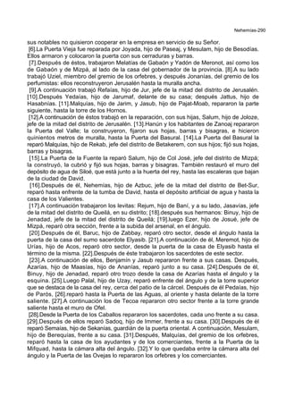 Nehemías-290
sus notables no quisieron cooperar en la empresa en servicio de su Señor.
[6].La Puerta Vieja fue reparada por Joyada, hijo de Paseaj, y Mesulam, hijo de Besodías.
Ellos armaron y colocaron la puerta con sus cerraduras y barras.
[7].Después de éstos, trabajaron Melatías de Gabaón y Yadón de Meronot, así como los
de Gabaón y de Mizpá, al lado de la casa del gobernador de la provincia. [8].A su lado
trabajó Uziel, miembro del gremio de los orfebres, y después Jonanías, del gremio de los
perfumistas: ellos reconstruyeron Jerusalén hasta la muralla ancha.
[9].A continuación trabajó Refaías, hijo de Jur, jefe de la mitad del distrito de Jerusalén.
[10].Después Yedaías, hijo de Jarumaf, delante de su casa; después Jattus, hijo de
Hasabnías. [11].Malquías, hijo de Jarim, y Jasub, hijo de Pajat-Moab, repararon la parte
siguiente, hasta la torre de los Hornos.
[12].A continuación de éstos trabajó en la reparación, con sus hijas, Salum, hijo de Joloze,
jefe de la mitad del distrito de Jerusalén. [13].Hanún y los habitantes de Zanoaj repararon
la Puerta del Valle; la construyeron, fijaron sus hojas, barras y bisagras, e hicieron
quinientos metros de muralla, hasta la Puerta del Basural. [14].La Puerta del Basural la
reparó Malquías, hijo de Rekab, jefe del distrito de Betakerem, con sus hijos; fijó sus hojas,
barras y bisagras.
[15].La Puerta de la Fuente la reparó Salum, hijo de Col José, jefe del distrito de Mizpá;
la construyó, la cubrió y fijó sus hojas, barras y bisagras. También restauró el muro del
depósito de agua de Siloé, que está junto a la huerta del rey, hasta las escaleras que bajan
de la ciudad de David.
[16].Después de él, Nehemías, hijo de Azbuc, jefe de la mitad del distrito de Bet-Sur,
reparó hasta enfrente de la tumba de David, hasta el depósito artificial de agua y hasta la
casa de los Valientes.
[17].A continuación trabajaron los levitas: Rejum, hijo de Baní, y a su lado, Jasavías, jefe
de la mitad del distrito de Queilá, en su distrito; [18].después sus hermanos: Binuy, hijo de
Jenadad, jefe de la mitad del distrito de Queilá; [19].luego Ezer, hijo de Josué, jefe de
Mizpá, reparó otra sección, frente a la subida del arsenal, en el ángulo.
[20].Después de él, Baruc, hijo de Zabbay, reparó otro sector, desde el ángulo hasta la
puerta de la casa del sumo sacerdote Elyasib. [21].A continuación de él, Meremot, hijo de
Urías, hijo de Acos, reparó otro sector, desde la puerta de la casa de Elyasib hasta el
término de la misma. [22].Después de éste trabajaron los sacerdotes de este sector.
[23].A continuación de ellos, Benjamín y Jasub repararon frente a sus casas. Después,
Azarías, hijo de Maasías, hijo de Ananías, reparó junto a su casa. [24].Después de él,
Binuy, hijo de Jenadad, reparó otro trozo desde la casa de Azarías hasta el ángulo y la
esquina. [25].Luego Palal, hijo de Uzay, reparó enfrente del ángulo y de la torre superior
que se destaca de la casa del rey, cerca del patio de la cárcel. Después de él Pedaías, hijo
de Parós, [26].reparó hasta la Puerta de las Aguas, al oriente y hasta delante de la torre
saliente. [27].A continuación los de Tecoa repararon otro sector frente a la torre grande
saliente hasta el muro de Ofel.
[28].Desde la Puerta de los Caballos repararon los sacerdotes, cada uno frente a su casa.
[29].Después de ellos reparó Sadoq, hijo de Immer, frente a su casa. [30].Después de él
reparó Semaías, hijo de Sekanías, guardián de la puerta oriental. A continuación, Mesulam,
hijo de Berequías, frente a su casa. [31].Después, Malquías, del gremio de los orfebres,
reparó hasta la casa de los ayudantes y de los comerciantes, frente a la Puerta de la
Mifquad, hasta la cámara alta del ángulo. [32].Y lo que quedaba entre la cámara alta del
ángulo y la Puerta de las Ovejas lo repararon los orfebres y los comerciantes.
 