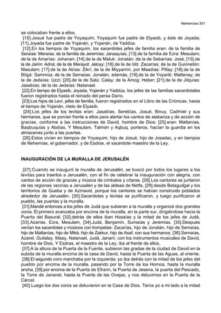 Nehemías-301
se colocaban frente a ellos.
[10].Josué fue padre de Yoyaquim; Yoyaquim fue padre de Elyasib, y éste de Joyada;
[11].Joyada fue padre de Yojanán, y Yojanán, de Yaddúa.
[12].En los tiempos de Yoyaquim, los sacerdotes jefes de familia eran: de la familia de
Seraías: Meraías; de la familia de Jeremías: Janaquías; [13].de la familia de Ezra: Mesulam;
de la de Amarías: Johanan; [14].de la de Maluk: Jonatán; de la de Sebanías: José; [15].de
la de Jarim: Adná; de la de Merayot: Jelcay; [16].de la de Idó: Zacarías; de la de Guinnetón:
Masulam; [17].de la de Abías: Zikrí; de la de Miyyamín, por Maadías: Piltay; [18].de la de
Bilgá: Sammúa; de la de Semaías: Jonatán; además, [19].de la de Yoyarib: Mattenay; de
la de Jedaías: Uzzí; [20].de la de Salú: Calay; de la Amog: Heber; [21].de la de Jilquías:
Jasabías; de la de Jedaías: Natanael.
[22].En tiempo de Elyasib, Joyada, Yojanán y Yaddúa, los jefes de las familias sacerdotales
fueron registrados hasta el reinado del persa Darío.
[23].Los hijos de Leví, jefes de familia, fueron registrados en el Libro de las Crónicas, hasta
el tiempo de Yojanán, nieto de Elyasib.
[24].Los jefes de los levitas eran: Jasabías, Serebías, Josué, Binuy, Cadmiel y sus
hermanos, que se ponían frente a ellos para alertar los cantos de alabanza y de acción de
gracias, conforme a las instrucciones de David, hombre de Dios; [25].eran: Mattanías,
Baqbuquías y Abdías. Y Mesulam, Talmón y Aqbuq, porteros, hacían la guardia en los
almacenes junto a las puertas.
[26].Estos vivían en tiempos de Yoyaquim, hijo de Josué, hijo de Josadac, y en tiempos
de Nehemías, el gobernador, y de Esdras, el sacerdote maestro de la Ley.
INAUGURACIÓN DE LA MURALLA DE JERUSALÉN
[27].Cuando se inauguró la muralla de Jerusalén, se buscó por todos los lugares a los
levitas para traerlos a Jerusalén, con el fin de celebrar la inauguración con alegría, con
cantos de acción de gracias y música de címbalos y cítaras. [28].Los cantores se juntaron
de las regiones vecinas a Jerusalén y de las aldeas de Netfa, [29].desde Betaguilgal y los
territorios de Gueba y de Azmavet, porque los cantores se habían construido poblados
alrededor de Jerusalén. [30].Sacerdotes y levitas se purificaron, y luego purificaron al
pueblo, las puertas y la muralla.
[31].Mandé entonces a los jefes de Judá que subieran a la muralla y organicé dos grandes
coros. El primero avanzaba por encima de la muralla, en la parte sur, dirigiéndose hacia la
Puerta del Basural; [32].detrás de ellos iban Hosaías y la mitad de los jefes de Judá,
[33].Azarías, Ezra, Mesulam, [34].Judá, Benjamín, Sumaías y Jeremías. [35].Después
venían los sacerdotes y músicos con trompetas: Zacarías, hijo de Jonatán, hijo de Semaías,
hijo de Mattanías, hijo de Miká, hijo de Zakkur, hijo de Asaf, con sus hermanos; [36].Semaías,
Azarel, Guilalay, Maay, Natanael, Judá, Jananí, con los instrumentos musicales de David,
hombre de Dios. Y Esdras, el maestro de la Ley, iba al frente de ellos.
[37].A la altura de la Puerta de la Fuente, subieron las gradas de la ciudad de David en la
subida de la muralla encima de la casa de David, hasta la Puerta de las Aguas, al oriente.
[38].El segundo coro marchaba por la izquierda; yo iba detrás con la mitad de los jefes del
pueblo por encima de la muralla, pasando por la Torre de los Hornos, hasta la muralla
ancha, [39].por encima de la Puerta de Efraím, la Puerta de Jesena, la puerta del Pescado,
la Torre de Jananel, hasta la Puerta de las Ovejas, y nos detuvimos en la Puerta de la
Cárcel.
[40].Luego los dos coros se detuvieron en la Casa de Dios. Tenía yo a mi lado a la mitad
 