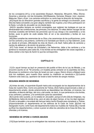 Nehemías-302
de los consejeros [41].y a los sacerdotes Elyaquin, Maeseías, Minyamin, Mika, Elionai,
Zacarías y Jananías, con las trompetas; [42].Maaseías, Semaías, Eleazar, Uzzí, Joyanan,
Malquías, Elam y Ezer. Los cantores entonaron su canto bajo la dirección de Israquías.
[43].Aquel día se ofrecieron grandes sacrificios y la gente se entregó a la diversión, pues
Dios les había concedido una gran alegría; también las mujeres y los niños participaron en
la fiesta. La bulla de Jerusalén se oía desde lejos.
[44].En aquellos tiempos se nombró encargados que vigilaran las bodegas en que se
almacenaban las contribuciones, las primicias y los diezmos. En ellas debían recoger de las
diversas ciudades del territorio las porciones que la Ley otorga a los sacerdotes y a los
levitas, pues la gente de Judá estaba feliz al ver a los sacerdotes y levitas en sus
funciones.
[45].Ellos cumplían las ceremonias de su Dios y las ceremonias de las purificaciones, junto
con los cantores y los porteros, conforme a lo mandado por David y su hijo Salomón, pues
ya desde el principio, [46].desde los días de David y de Asaf, había jefes de cantores y
cantos de alabanza y de acción de gracias a Dios.
[47].Todo Israel, en tiempo de Zorobabel y de Nehemías, daba a los cantores y a los
porteros lo necesario para cada día. A los levitas se les entregaban las cosas sagradas, y
éstos cedían a los hijos de Aarón lo que les correspondía.
CAPÍTULO 13
[1].En aquel tiempo se leyó en presencia del pueblo el libro de la Ley de Moisés, y se
encontró escrito en él: *El amonita y el moabita jamás entrarán en la asamblea de Dios,
[2].porque no recibieron a los hijos de Israel con pan y agua. Dieron dinero a Balaam para
que los maldijera, pero nuestro Dios cambió su maldición en bendición.+ [3].Cuando
hubieron oído esta Ley, apartaron de Israel a todo hombre de sangre mestiza.
SEGUNDA MISIÓN DE NEHEMÍAS
[4].Antes de esto, el sacerdote Elyasib había sido encargado de los departamentos de la
Casa de nuestro Dios. Como era pariente de Tobías, [5].le había proporcionado a éste un
departamento amplio, donde anteriormente se depositaban las ofrendas, el incienso, los
utensilios, el diezmo del trigo, del vino y del aceite, es decir, lo que pertenecía a los levitas,
a los cantores y porteros, y la contribución para los sacerdotes.
[6].Cuando esto sucedía, yo no estaba en Jerusalén, porque el año [32].de Artajerjes, rey
de Babilonia, había ido donde el rey, pero al cabo de algún tiempo, el rey me dejó regresar;
[7].volví a Jerusalén y me enteré del mal que había hecho Elyasib para complacer a Tobías,
proporcionándole un departamento en los edificios de la Casa de Yavé. [8].Esto me
desagradó mucho; eché fuera del departamento todos los muebles de Tobías [9].y mandé
purificar los departamentos y volver a poner en ellos los utensilios de la Casa de Dios, las
ofrendas y el incienso.
NEHEMÍAS SE OPONE A VARIOS ABUSOS
[10].Supe también que ya no entregaban las raciones a los levitas, y a causa de ello, los
 
