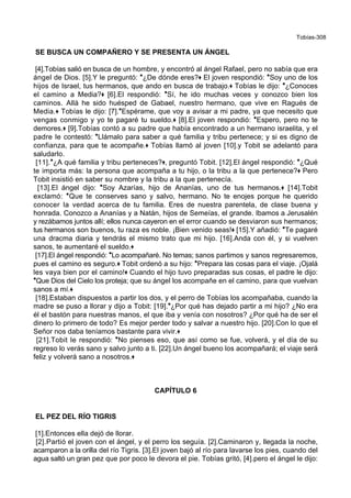 Tobías-308
SE BUSCA UN COMPAÑERO Y SE PRESENTA UN ÁNGEL
[4].Tobías salió en busca de un hombre, y encontró al ángel Rafael, pero no sabía que era
ángel de Dios. [5].Y le preguntó: *¿De dónde eres?+ El joven respondió: *Soy uno de los
hijos de Israel, tus hermanos, que ando en busca de trabajo.+ Tobías le dijo: *¿Conoces
el camino a Media?+ [6].El respondió: *Sí, he ido muchas veces y conozco bien los
caminos. Allá he sido huésped de Gabael, nuestro hermano, que vive en Ragués de
Media.+ Tobías le dijo: [7].*Espérame, que voy a avisar a mi padre, ya que necesito que
vengas conmigo y yo te pagaré tu sueldo.+ [8].El joven respondió: *Espero, pero no te
demores.+ [9].Tobías contó a su padre que había encontrado a un hermano israelita, y el
padre le contestó: *Llámalo para saber a qué familia y tribu pertenece; y si es digno de
confianza, para que te acompañe.+ Tobías llamó al joven [10].y Tobit se adelantó para
saludarlo.
[11].*¿A qué familia y tribu perteneces?+, preguntó Tobit. [12].El ángel respondió: *¿Qué
te importa más: la persona que acompaña a tu hijo, o la tribu a la que pertenece?+ Pero
Tobit insistió en saber su nombre y la tribu a la que pertenecía.
[13].El ángel dijo: *Soy Azarías, hijo de Ananías, uno de tus hermanos.+ [14].Tobit
exclamó: *Que te conserves sano y salvo, hermano. No te enojes porque he querido
conocer la verdad acerca de tu familia. Eres de nuestra parentela, de clase buena y
honrada. Conozco a Ananías y a Natán, hijos de Semeías, el grande. Ibamos a Jerusalén
y rezábamos juntos allí; ellos nunca cayeron en el error cuando se desviaron sus hermanos;
tus hermanos son buenos, tu raza es noble. ¡Bien venido seas!+ [15].Y añadió: *Te pagaré
una dracma diaria y tendrás el mismo trato que mi hijo. [16].Anda con él, y si vuelven
sanos, te aumentaré el sueldo.+
[17].El ángel respondió: *Lo acompañaré. No temas; sanos partimos y sanos regresaremos,
pues el camino es seguro.+ Tobit ordenó a su hijo: *Prepara las cosas para el viaje. ¡Ojalá
les vaya bien por el camino!+ Cuando el hijo tuvo preparadas sus cosas, el padre le dijo:
*Que Dios del Cielo los proteja; que su ángel los acompañe en el camino, para que vuelvan
sanos a mí.+
[18].Estaban dispuestos a partir los dos, y el perro de Tobías los acompañaba, cuando la
madre se puso a llorar y dijo a Tobit: [19].*¿Por qué has dejado partir a mi hijo? ¿No era
él el bastón para nuestras manos, el que iba y venía con nosotros? ¿Por qué ha de ser el
dinero lo primero de todo? Es mejor perder todo y salvar a nuestro hijo. [20].Con lo que el
Señor nos daba teníamos bastante para vivir.+
[21].Tobit le respondió: *No pienses eso, que así como se fue, volverá, y el día de su
regreso lo verás sano y salvo junto a ti. [22].Un ángel bueno los acompañará; el viaje será
feliz y volverá sano a nosotros.+
CAPÍTULO 6
EL PEZ DEL RÍO TIGRIS
[1].Entonces ella dejó de llorar.
[2].Partió el joven con el ángel, y el perro los seguía. [2].Caminaron y, llegada la noche,
acamparon a la orilla del río Tigris. [3].El joven bajó al río para lavarse los pies, cuando del
agua saltó un gran pez que por poco le devora el pie. Tobías gritó, [4].pero el ángel le dijo:
 