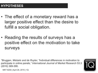 MKT 8200 | April 28, 2015 | 1Q
HYPOTHESES
• The effect of a monetary reward has a
larger positive effect than the desire to
fulfill a social obligation.
• Reading the results of surveys has a
positive effect on the motivation to take
surveys
*Bruggen, Wetzels and de Ruyter, “Individual differences in motivation to
participate in online panels,” International Journal of Market Research 53.3
(2010) 369-390.
 