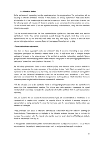 " 5.2 Architects’ intents
So far we have only focused on how lay-people perceived the representations. The next sections will be
focusing on what the architects intended in their projects. As already explained we had access to the
architects for six of the sixteen projects chosen (see 4.2 Selection of projects). So it is important to remind that
the following results will include only these six projects, as we cannot ask them to complete our survey.
The six architects were asked to rate the representations they built themselves, using the same attributes
list as the lay-people.
First the architects were shown the three representations together and they were asked what was the
architectural intents they wanted expressed, overall through the project. Next they were shown
representations one by one and they were asked what they were trying to convey in each of those
representations (see 4.4 Survey procedure). Below is the analysis of these two sets of data.
1 Correlation intent-perception
Now than we have lay-people’s data and architects’ data it becomes interesting to see whether
participants’ perception and architect’s intents match or not. In order to be able to compare multiple
participants’ answers to the unique answer of the architect, a particular methodology was built. We are
going to describe the methodology and it will be illustrated with graphs on the following page based on the
participants’ votes of the hand-drawing of the project P1.
We ﬁrst range participants’ votes for each attribute (Fig.34). The statistical mode of each attribute is
identiﬁed, representing the main perception of the attribute (in blue, Fig.35). Next we report the intent
expressed by the architect (in pink, Fig.36). Finally, we consider that the architect successfully conveyed the
intent if the main perception, represented in blue, and the architect’s intent, represented in pink, match.
Otherwise we consider that the attribute is not perceived by the public as initially intended. There are
several important things to be noticed about the architects’ intents data.
First, the only data used as the architects’ intents is corresponding to the case where the architects were
shown the three representations together. This choice was made because it represents the overall
intentions that were initially intended in the project and not what the architect think of each representation
separately.
Next, we clustered the two shades of architect’s intents (Fig.36). We considered that an intent failed to be
conveyed only if people mostly perceived the opposite side of the attribute. If someone perceived a
representation as being «somewhat A» while the intent was «very A», we considered that the intent was
successfully conveyed.
Finally, architects were asked to rate some attributes as neutral when they didn’t intended anything for
those attributes. These cases are not included in the following analyses because there is no intent to
compare the perception with. The neutral votes can be observed as an absence of highlighted attribute
shade on the example chart (Fig.36).
In the appendix, a table including all the numerical results can be found (see Appendix from 8.1 to 8.3). We are
going to explore the results by breaking them down ﬁrstly by attributes and secondly by projects.
60
 