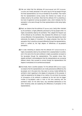 [1] We can notice that the attributes A4 (robust-delicate) and A14 (composite-
monolithic) are mostly perceived in the same way by the lay-people through
the three representations, but not as intended by the architect. That means
that the representations convey evenly this intention but mostly not as
initially aimed by the architect. Note that the attribute A14 is presenting a
low level of agreement among lay-people’s votes, which indicates that the
perception is the same through the three representations while being highly
undecided.
[2] Next, we observe that the attribute A7 (dynamic-static), being often intended
by the architects, is highly differently perceived by the lay-people while it is
highly inconsistently rated by the architects. Then, despite the frequent use
of this attribute by the architects, they assessed this attribute as it would
convey differently in the representations. This shows that despite they intend
extensively the degree of movement of a design proposal, they have the
perception that it would be conveyed differently through the representations,
which is veriﬁed by the high degree of differences of lay-people’s
perception.
[3] It is also interesting to observe that the attribute A17 (vertical-horizontal) is
highly inconsistently rated by the architects from a representation to another,
and in the same time the same attribute is highly successfully conveyed to
the lay-people through the representations. This paradox shows that,
despite architects’ acknowledgment that the representations are conveying
different intents, they succeed to convey through the representations the
degree of verticalness of an architectural proposal.
[4] And ﬁnally, there is another paradox. For the attribute A20 (common-unique),
we observe that the representations are mostly perceived as different by the
lay-people, but in the same time, they seem to convey mostly faithfully the
architect’s intent regarding to the degree of uniqueness of the proposal. It
might be explained by the design of our metrics. On one hand, the success
of conveyance of the attribute is explained by the fact that the bigger
number of lay-people’s votes is most of the time matching with the
architect’s intent. On the other hand, very diversiﬁed distributions of the
other remaining votes are explaining the differences of perception of the
representations.
76
 
