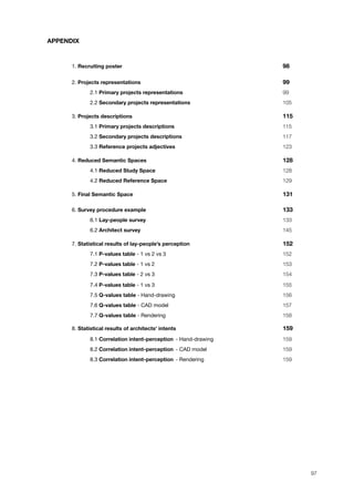 APPENDIX
1. Recruiting poster! ! ! ! ! ! ! ! 98
2. Projects representations! ! ! ! ! ! ! 99
! 2.1 Primary projects representations! ! ! ! ! 99
!
! 2.2 Secondary projects representations! ! ! ! ! 105
3. Projects descriptions!! ! ! ! ! ! ! 115
! 3.1 Primary projects descriptions!! ! ! ! ! 115
!
! 3.2 Secondary projects descriptions! ! ! ! ! 117
!
! 3.3 Reference projects adjectives!! ! ! ! ! 123
4. Reduced Semantic Spaces! ! ! ! ! ! ! 128
! 4.1 Reduced Study Space! ! ! ! ! ! 128
!
! 4.2 Reduced Reference Space! ! ! ! ! ! 129
5. Final Semantic Space! ! ! ! ! ! ! 131
6. Survey procedure example! ! ! ! ! ! ! 133
! 6.1 Lay-people survey! ! ! ! ! ! ! 133
!
! 6.2 Architect survey! ! ! ! ! ! ! 145
7. Statistical results of lay-people’s perception" " " " " 152
! 7.1 P-values table - 1 vs 2 vs 3 ! ! ! ! ! ! 152
!
! 7.2 P-values table - 1 vs 2! ! ! ! ! ! 153
!
! 7.3 P-values table - 2 vs 3! ! ! ! ! ! 154
!
! 7.4 P-values table - 1 vs 3! ! ! ! ! ! 155
!
! 7.5 Q-values table - Hand-drawing!! ! ! ! ! 156
!
! 7.6 Q-values table - CAD model! ! ! ! ! ! 157
!
! 7.7 Q-values table - Rendering! ! ! ! ! ! 158 !
8. Statistical results of architects‘ intents" " " " " 159
!
! 8.1 Correlation intent-perception!- Hand-drawing! ! ! ! 159
!
! 8.2 Correlation intent-perception!- CAD model! ! ! ! 159
!
! 8.3 Correlation intent-perception!- Rendering! ! ! ! 159
97
 
