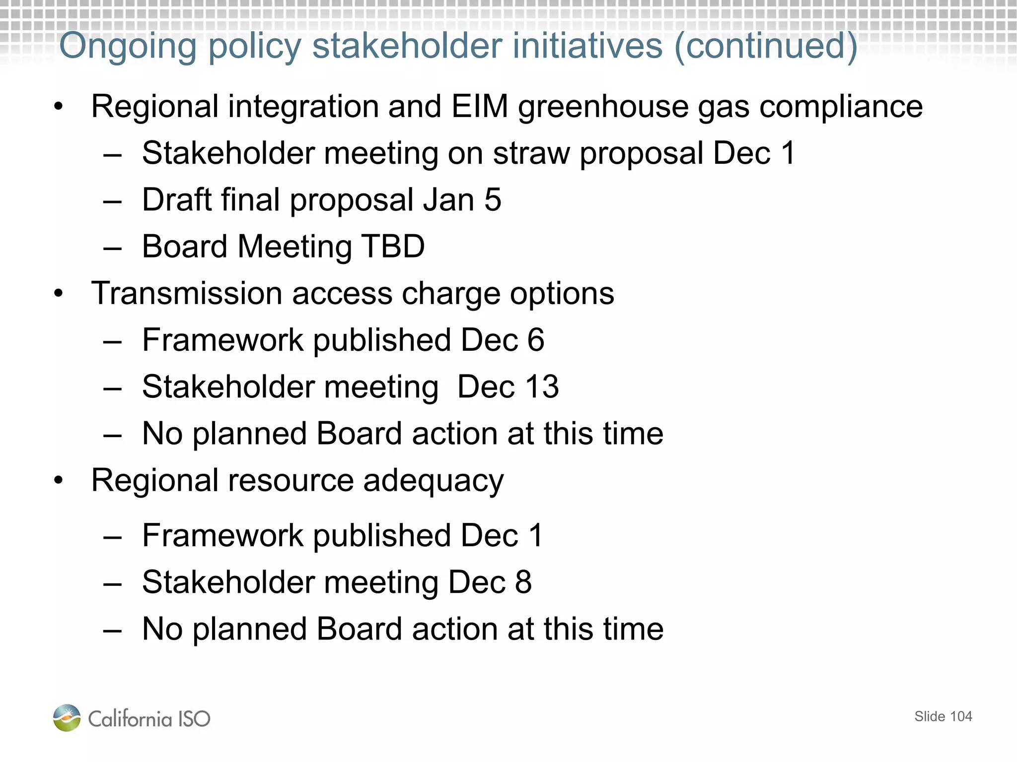 Ongoing policy stakeholder initiatives (continued)
• Regional integration and EIM greenhouse gas compliance
– Stakeholder meeting on straw proposal Dec 1
– Draft final proposal Jan 5
– Board Meeting TBD
• Transmission access charge options
– Framework published Dec 6
– Stakeholder meeting Dec 13
– No planned Board action at this time
• Regional resource adequacy
– Framework published Dec 1
– Stakeholder meeting Dec 8
– No planned Board action at this time
Slide 104
 