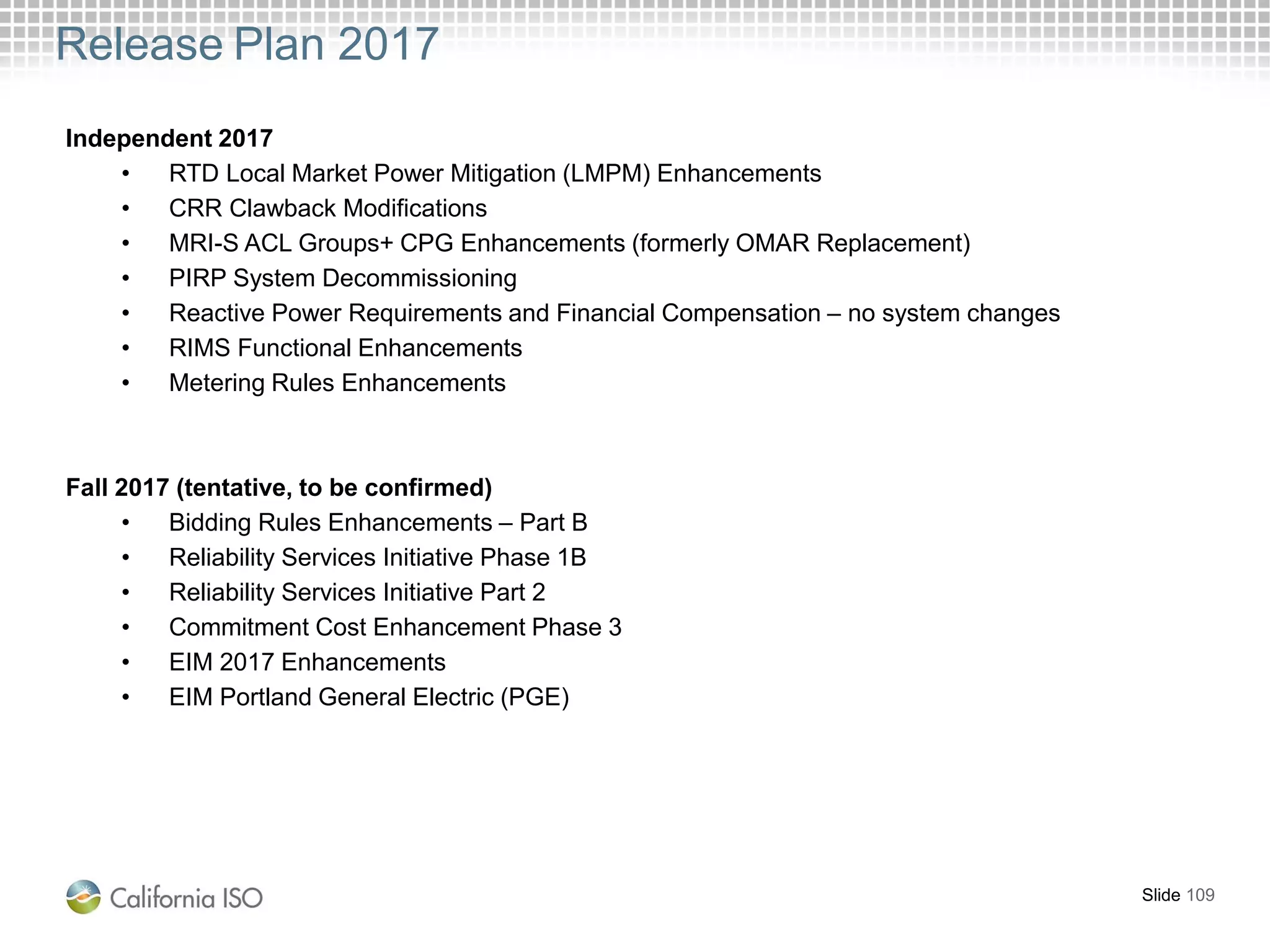 Release Plan 2017
Slide 109
Independent 2017
• RTD Local Market Power Mitigation (LMPM) Enhancements
• CRR Clawback Modifications
• MRI-S ACL Groups+ CPG Enhancements (formerly OMAR Replacement)
• PIRP System Decommissioning
• Reactive Power Requirements and Financial Compensation – no system changes
• RIMS Functional Enhancements
• Metering Rules Enhancements
Fall 2017 (tentative, to be confirmed)
• Bidding Rules Enhancements – Part B
• Reliability Services Initiative Phase 1B
• Reliability Services Initiative Part 2
• Commitment Cost Enhancement Phase 3
• EIM 2017 Enhancements
• EIM Portland General Electric (PGE)
 
