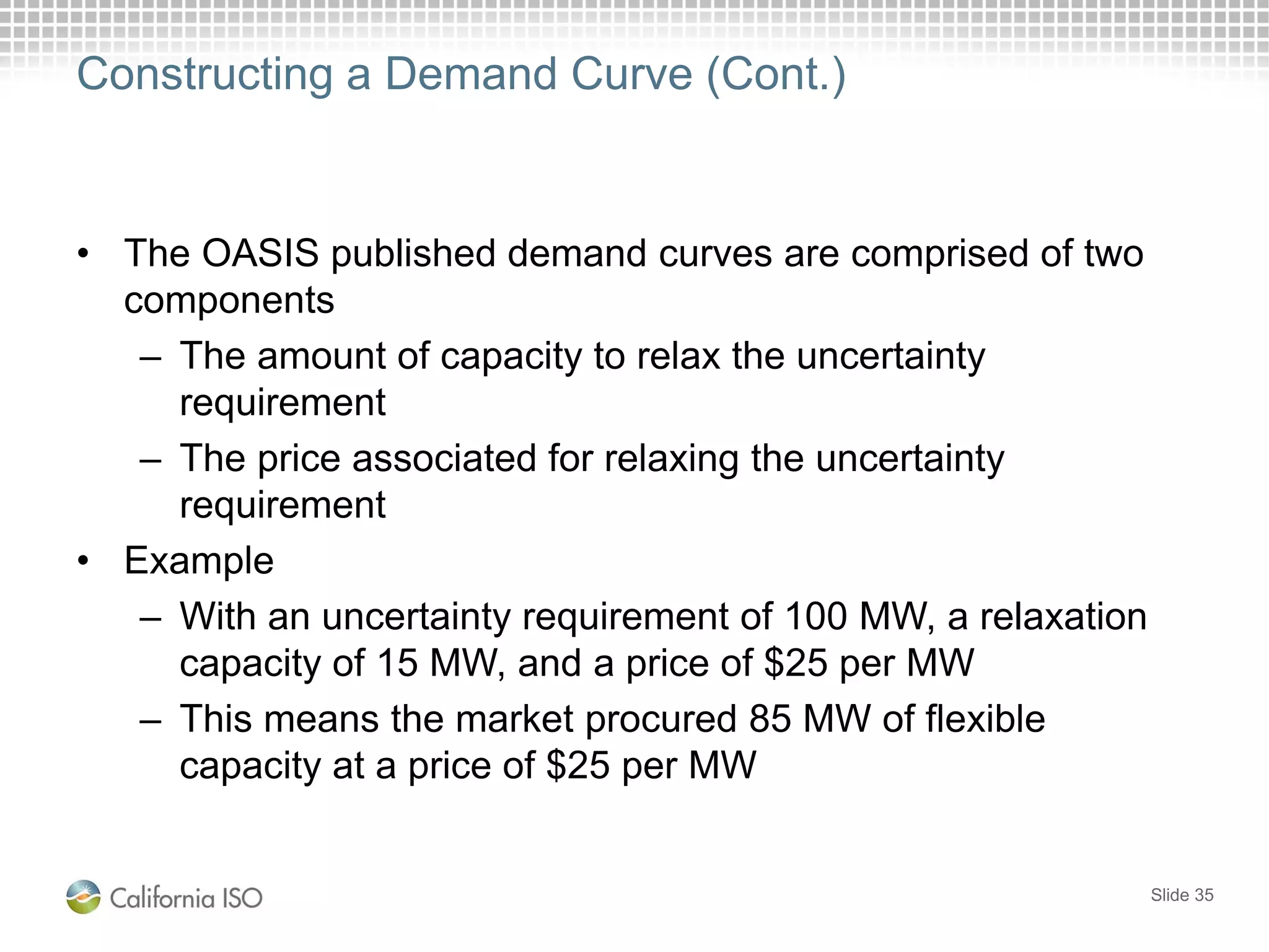 Constructing a Demand Curve (Cont.)
• The OASIS published demand curves are comprised of two
components
– The amount of capacity to relax the uncertainty
requirement
– The price associated for relaxing the uncertainty
requirement
• Example
– With an uncertainty requirement of 100 MW, a relaxation
capacity of 15 MW, and a price of $25 per MW
– This means the market procured 85 MW of flexible
capacity at a price of $25 per MW
Slide 35
 