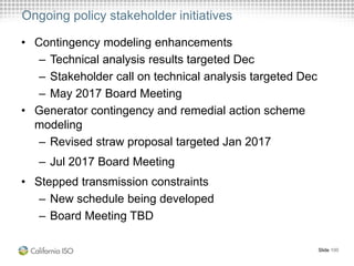 Ongoing policy stakeholder initiatives
• Contingency modeling enhancements
– Technical analysis results targeted Dec
– Stakeholder call on technical analysis targeted Dec
– May 2017 Board Meeting
• Generator contingency and remedial action scheme
modeling
– Revised straw proposal targeted Jan 2017
– Jul 2017 Board Meeting
• Stepped transmission constraints
– New schedule being developed
– Board Meeting TBD
Slide 100
 