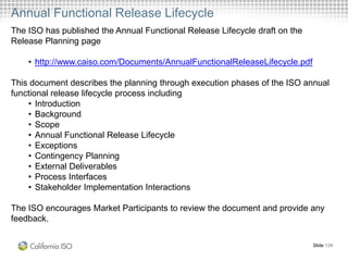 Annual Functional Release Lifecycle
Slide 134
The ISO has published the Annual Functional Release Lifecycle draft on the
Release Planning page
• http://www.caiso.com/Documents/AnnualFunctionalReleaseLifecycle.pdf
This document describes the planning through execution phases of the ISO annual
functional release lifecycle process including
• Introduction
• Background
• Scope
• Annual Functional Release Lifecycle
• Exceptions
• Contingency Planning
• External Deliverables
• Process Interfaces
• Stakeholder Implementation Interactions
The ISO encourages Market Participants to review the document and provide any
feedback.
 