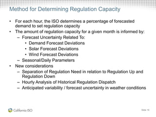 Method for Determining Regulation Capacity
• For each hour, the ISO determines a percentage of forecasted
demand to set regulation capacity
• The amount of regulation capacity for a given month is informed by:
– Forecast Uncertainty Related To:
• Demand Forecast Deviations
• Solar Forecast Deviations
• Wind Forecast Deviations
– Seasonal/Daily Parameters
• New considerations
– Separation of Regulation Need in relation to Regulation Up and
Regulation Down
– Hourly Analysis of Historical Regulation Dispatch
– Anticipated variability / forecast uncertainty in weather conditions
Slide 19
 