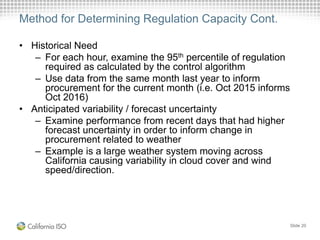 Method for Determining Regulation Capacity Cont.
• Historical Need
– For each hour, examine the 95th percentile of regulation
required as calculated by the control algorithm
– Use data from the same month last year to inform
procurement for the current month (i.e. Oct 2015 informs
Oct 2016)
• Anticipated variability / forecast uncertainty
– Examine performance from recent days that had higher
forecast uncertainty in order to inform change in
procurement related to weather
– Example is a large weather system moving across
California causing variability in cloud cover and wind
speed/direction.
Slide 20
 