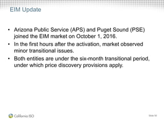 EIM Update
• Arizona Public Service (APS) and Puget Sound (PSE)
joined the EIM market on October 1, 2016.
• In the first hours after the activation, market observed
minor transitional issues.
• Both entities are under the six-month transitional period,
under which price discovery provisions apply.
Slide 50
 