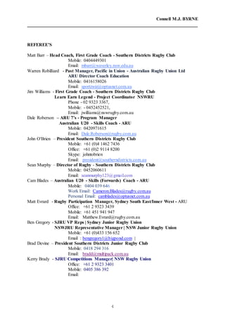 Connell M.J. BYRNE
4
REFEREE’S
Matt Barr – Head Coach, First Grade Coach - Southern Districts Rugby Club
Mobile: 0404449301
Email: mbarr@waverley.nsw.edu.au
Warren Robilliard - Past Manager, Pacific in Union - Australian Rugby Union Ltd
ARU Director Coach Education
Mobile: 0416158026
Email: sportzwiz@optusnet.com.au
Jim Williams - First Grade Coach - Southern Districts Rugby Club
Learn Earn Legend - Project Coordinator NSWRU
Phone - 02 9323 3367,
Mobile: - 0452452521,
Email: jwilliams@nswrugby.com.au
Dale Roberson – ARU 7’s - Program Manager
Australian U20 - Skills Coach - ARU
Mobile: 0420971615
Email: Dale.Roberson@rugby.com.au
John O'Brien – President Southern Districts Rugby Club
Mobile: +61 (0)4 1462 7436
Office: +61 (0)2 9114 8200
Skype: johntobrien
Email: president@southerndistricts.com.au
Sean Murphy – Director of Rugby - Southern Districts Rugby Club
Mobile: 0452060611
Email: seanmurphy123@gmail.com
Cam Blades – Australian U20 - Skills (Forwards) Coach - ARU
Mobile: 0404 039 646
Work Email: Cameron.Blades@rugby.com.au
Personal Email: camblades@optusnet.com.au
Matt Evrard - Rugby Participation Manager, Sydney South East/Inner West - ARU
Office: +61 2 9323 3439
Mobile: +61 451 941 947
Email: Matthew.Evrard@rugby.com.au
Ben Gregory - SJRU VP Reps | Sydney Junior Rugby Union
NSWJRU Representative Manager | NSW Junior Rugby Union
Mobile: +61 (0)433 156 652
Email : bengregory1@bigpond.com |
Brad Devine – President Southern Districts Junior Rugby Club
Mobile: 0418 294 316
Email: bradd@multipack.com.au
Kerry Brady - SJRU Competitions Manager| NSW Rugby Union
Office: +61 2 9323 3401
Mobile: 0405 386 392
Email:
 