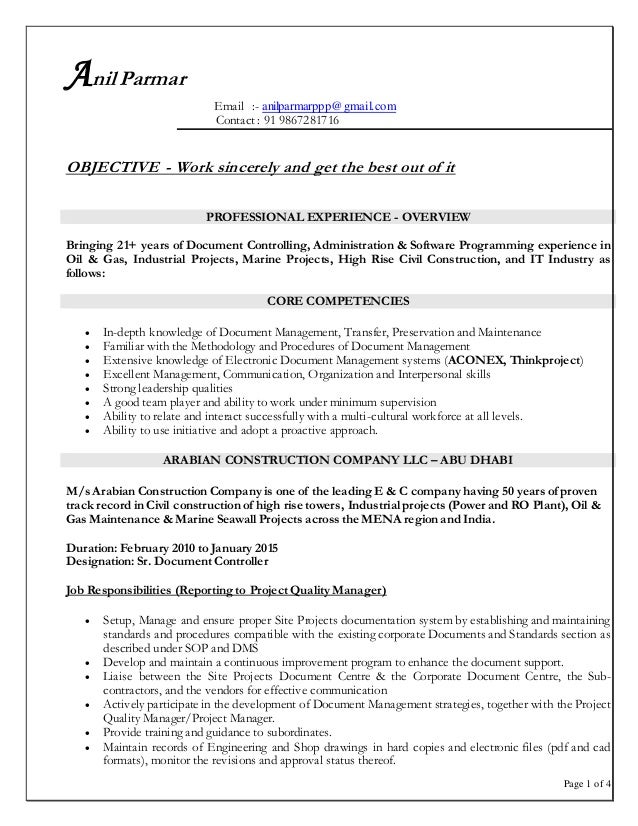 Sample resume of document controller