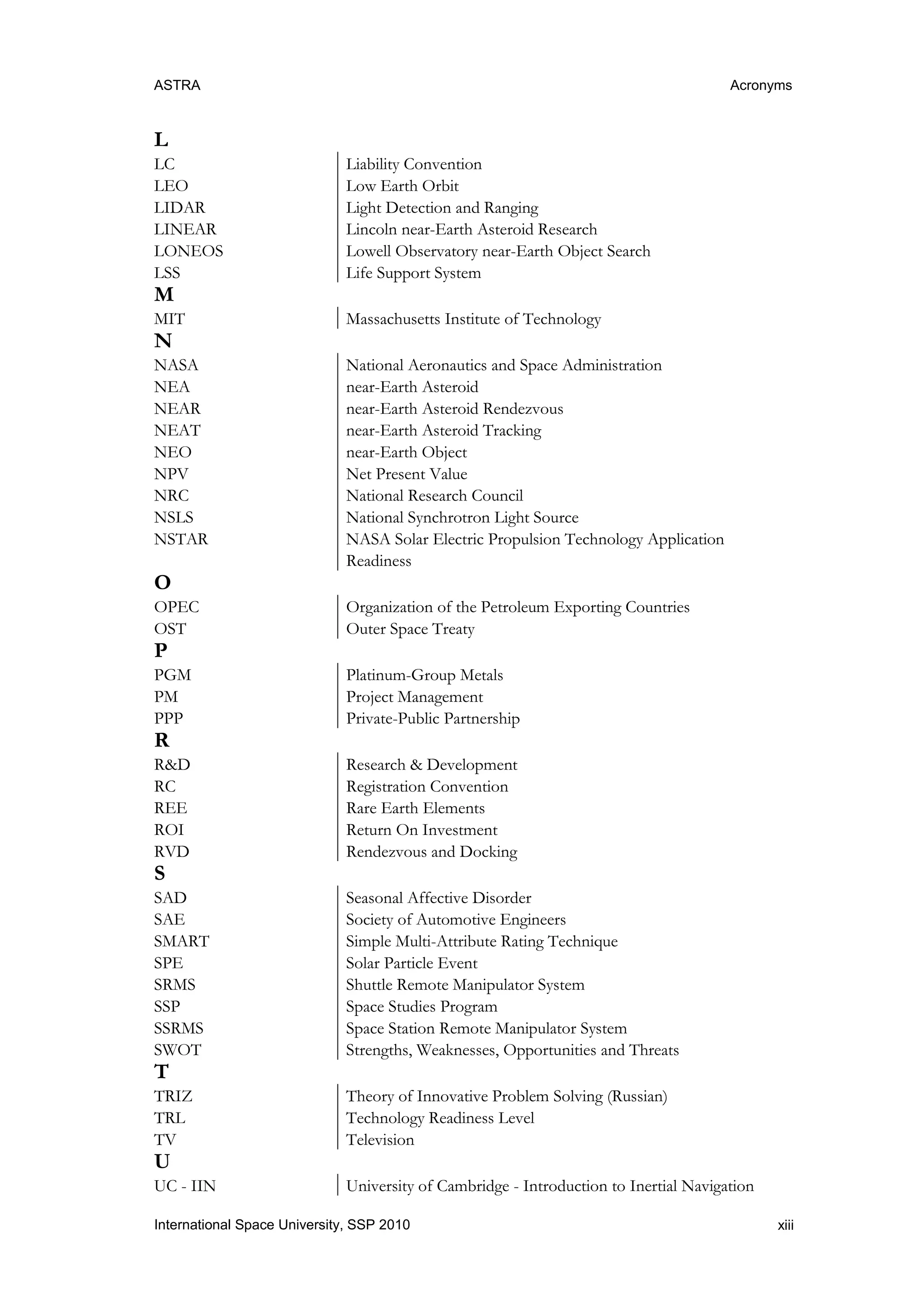 ASTRA Acronyms
xiiiInternational Space University, SSP 2010
L
LC
LEO
Liability Convention
Low Earth Orbit
LIDAR Light Detection and Ranging
LINEAR Lincoln near-Earth Asteroid Research
LONEOS Lowell Observatory near-Earth Object Search
LSS Life Support System
M
MIT Massachusetts Institute of Technology
N
NASA National Aeronautics and Space Administration
NEA near-Earth Asteroid
NEAR near-Earth Asteroid Rendezvous
NEAT near-Earth Asteroid Tracking
NEO near-Earth Object
NPV Net Present Value
NRC National Research Council
NSLS National Synchrotron Light Source
NSTAR NASA Solar Electric Propulsion Technology Application
Readiness
O
OPEC Organization of the Petroleum Exporting Countries
OST Outer Space Treaty
P
PGM Platinum-Group Metals
PM Project Management
PPP Private-Public Partnership
R
R&D Research & Development
RC Registration Convention
REE Rare Earth Elements
ROI Return On Investment
RVD Rendezvous and Docking
S
SAD Seasonal Affective Disorder
SAE Society of Automotive Engineers
SMART Simple Multi-Attribute Rating Technique
SPE Solar Particle Event
SRMS Shuttle Remote Manipulator System
SSP Space Studies Program
SSRMS Space Station Remote Manipulator System
SWOT Strengths, Weaknesses, Opportunities and Threats
T
TRIZ Theory of Innovative Problem Solving (Russian)
TRL Technology Readiness Level
TV Television
U
UC - IIN University of Cambridge - Introduction to Inertial Navigation
 