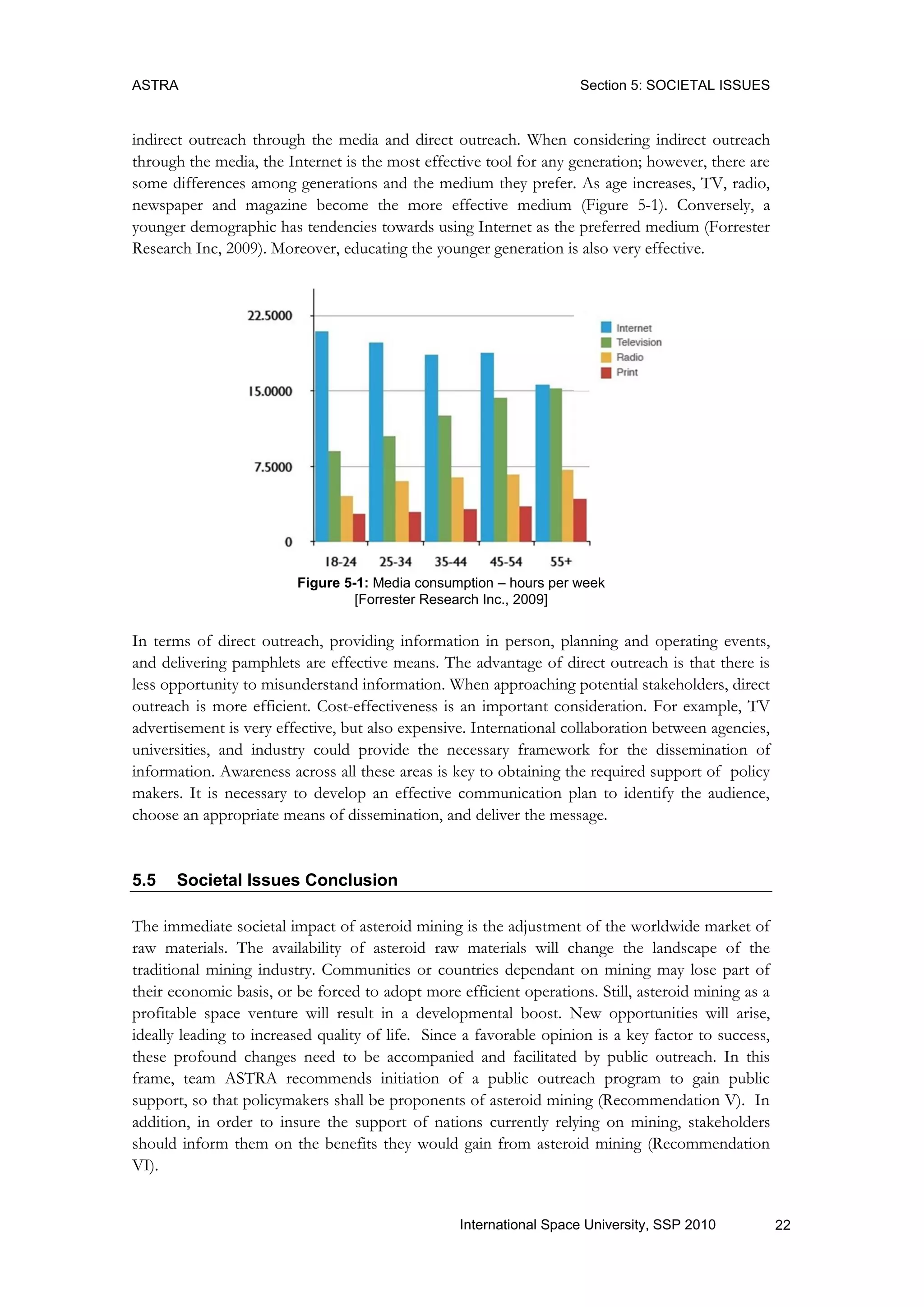 ASTRA Section 5: SOCIETAL ISSUES
22International Space University, SSP 2010
indirect outreach through the media and direct outreach. When considering indirect outreach
through the media, the Internet is the most effective tool for any generation; however, there are
some differences among generations and the medium they prefer. As age increases, TV, radio,
newspaper and magazine become the more effective medium (Figure 5-1). Conversely, a
younger demographic has tendencies towards using Internet as the preferred medium (Forrester
Research Inc, 2009). Moreover, educating the younger generation is also very effective.
Figure 5-1: Media consumption – hours per week
[Forrester Research Inc., 2009]
In terms of direct outreach, providing information in person, planning and operating events,
and delivering pamphlets are effective means. The advantage of direct outreach is that there is
less opportunity to misunderstand information. When approaching potential stakeholders, direct
outreach is more efficient. Cost-effectiveness is an important consideration. For example, TV
advertisement is very effective, but also expensive. International collaboration between agencies,
universities, and industry could provide the necessary framework for the dissemination of
information. Awareness across all these areas is key to obtaining the required support of policy
makers. It is necessary to develop an effective communication plan to identify the audience,
choose an appropriate means of dissemination, and deliver the message.
5.5 Societal Issues Conclusion
The immediate societal impact of asteroid mining is the adjustment of the worldwide market of
raw materials. The availability of asteroid raw materials will change the landscape of the
traditional mining industry. Communities or countries dependant on mining may lose part of
their economic basis, or be forced to adopt more efficient operations. Still, asteroid mining as a
profitable space venture will result in a developmental boost. New opportunities will arise,
ideally leading to increased quality of life. Since a favorable opinion is a key factor to success,
these profound changes need to be accompanied and facilitated by public outreach. In this
frame, team ASTRA recommends initiation of a public outreach program to gain public
support, so that policymakers shall be proponents of asteroid mining (Recommendation V). In
addition, in order to insure the support of nations currently relying on mining, stakeholders
should inform them on the benefits they would gain from asteroid mining (Recommendation
VI).
 