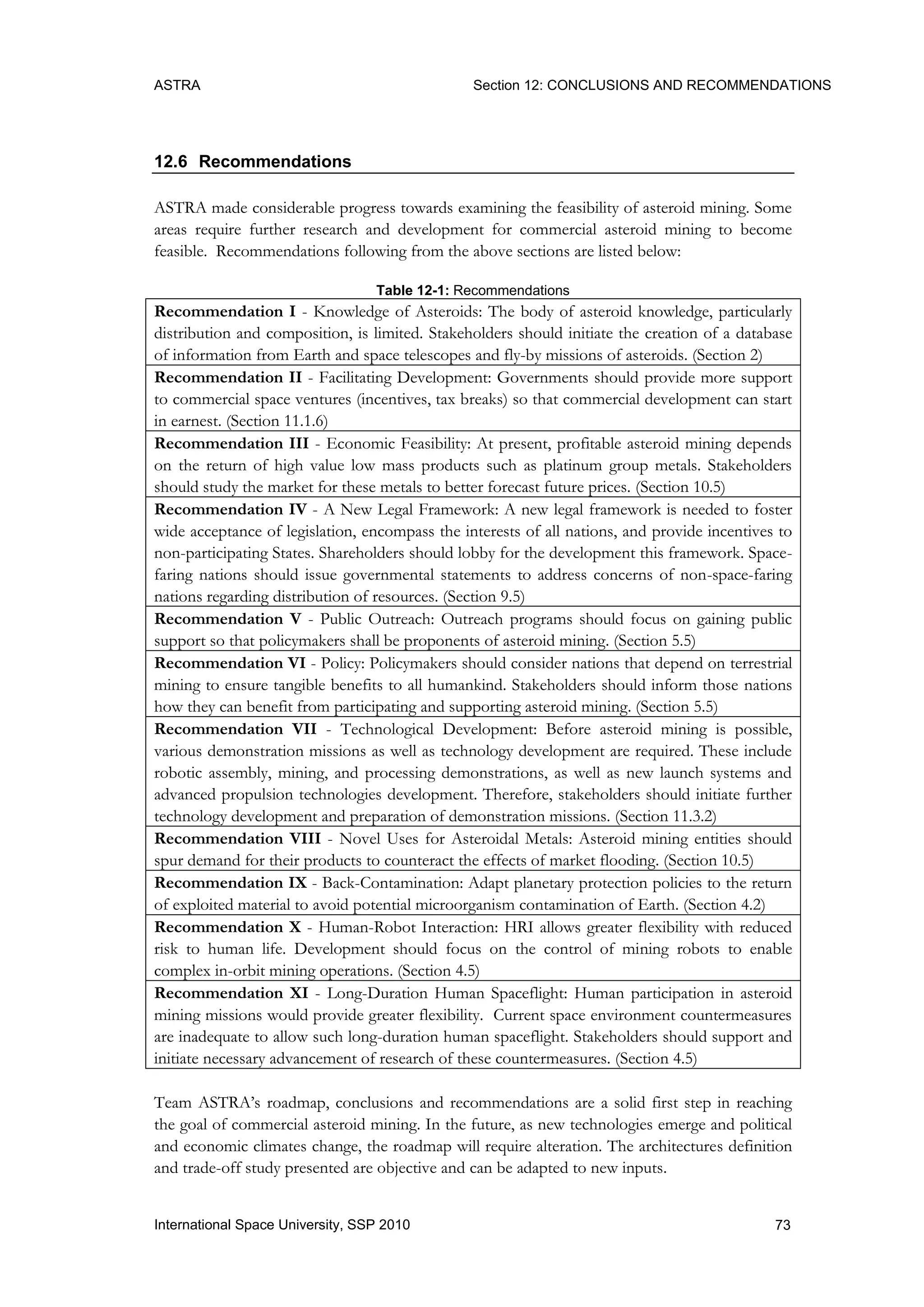 ASTRA Section 12: CONCLUSIONS AND RECOMMENDATIONS
73International Space University, SSP 2010
12.6 Recommendations
ASTRA made considerable progress towards examining the feasibility of asteroid mining. Some
areas require further research and development for commercial asteroid mining to become
feasible. Recommendations following from the above sections are listed below:
Table 12-1: Recommendations
Recommendation I - Knowledge of Asteroids: The body of asteroid knowledge, particularly
distribution and composition, is limited. Stakeholders should initiate the creation of a database
of information from Earth and space telescopes and fly-by missions of asteroids. (Section 2)
Recommendation II - Facilitating Development: Governments should provide more support
to commercial space ventures (incentives, tax breaks) so that commercial development can start
in earnest. (Section 11.1.6)
Recommendation III - Economic Feasibility: At present, profitable asteroid mining depends
on the return of high value low mass products such as platinum group metals. Stakeholders
should study the market for these metals to better forecast future prices. (Section 10.5)
Recommendation IV - A New Legal Framework: A new legal framework is needed to foster
wide acceptance of legislation, encompass the interests of all nations, and provide incentives to
non-participating States. Shareholders should lobby for the development this framework. Space-
faring nations should issue governmental statements to address concerns of non-space-faring
nations regarding distribution of resources. (Section 9.5)
Recommendation V - Public Outreach: Outreach programs should focus on gaining public
support so that policymakers shall be proponents of asteroid mining. (Section 5.5)
Recommendation VI - Policy: Policymakers should consider nations that depend on terrestrial
mining to ensure tangible benefits to all humankind. Stakeholders should inform those nations
how they can benefit from participating and supporting asteroid mining. (Section 5.5)
Recommendation VII - Technological Development: Before asteroid mining is possible,
various demonstration missions as well as technology development are required. These include
robotic assembly, mining, and processing demonstrations, as well as new launch systems and
advanced propulsion technologies development. Therefore, stakeholders should initiate further
technology development and preparation of demonstration missions. (Section 11.3.2)
Recommendation VIII - Novel Uses for Asteroidal Metals: Asteroid mining entities should
spur demand for their products to counteract the effects of market flooding. (Section 10.5)
Recommendation IX - Back-Contamination: Adapt planetary protection policies to the return
of exploited material to avoid potential microorganism contamination of Earth. (Section 4.2)
Recommendation X - Human-Robot Interaction: HRI allows greater flexibility with reduced
risk to human life. Development should focus on the control of mining robots to enable
complex in-orbit mining operations. (Section 4.5)
Recommendation XI - Long-Duration Human Spaceflight: Human participation in asteroid
mining missions would provide greater flexibility. Current space environment countermeasures
are inadequate to allow such long-duration human spaceflight. Stakeholders should support and
initiate necessary advancement of research of these countermeasures. (Section 4.5)
Team ASTRA‟s roadmap, conclusions and recommendations are a solid first step in reaching
the goal of commercial asteroid mining. In the future, as new technologies emerge and political
and economic climates change, the roadmap will require alteration. The architectures definition
and trade-off study presented are objective and can be adapted to new inputs.
 