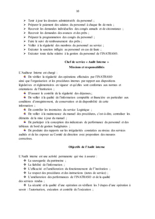 10
 Tenir à jour les dossiers administratifs du personnel ;
 Préparer le paiement des salaires du personnel à chaque fin de mois ;
 Recevoir les demandes individuelles des congés annuels et de circonstance ;
 Recevoir les demandes des avances et des prêts ;
 Préparer la programmation des congés du personnel ;
 Faire le suivi de remboursement des prêts ;
 Veiller à la régularité des membres du personnel au service ;
 Exécuter la sanction infligée au personnel en cas de faute ;
 Exécuter toute tâche relative à la gestion du personnel de l’INATRASO.
Chef de service « Audit Interne »
Missions et responsabilités
L’Auditeur Interne est chargé :
De vérifier la régularité des opérations effectuées par l’INATRASO
ainsi que l’organisation et les procédures internes par rapport aux dispositions
législatives et réglementaires en vigueur et qu’elles sont conformes aux normes et
orientations de l’Institution ;
D’assurer le contrôle de la régularité des dépenses.;
De veiller à la qualité de l’information comptable et financière en particulier aux
conditions d’enregistrement, de conservation et de disponibilité de cette
information ;
De contrôler les inventaires du service Logistique ;
De veiller à la maintenance du manuel des procédures, c’est-à-dire, centraliser les
éléments de la mise à jour du manuel ;
De participer à la conception des indicateurs de performance du personnel et des
tableaux de bord de gestion budgétaires ;
De produire des rapports sur les irrégularités constatées au niveau des services
audités et de les exposer au Comité de direction avec proposition des mesures
correctives.
Objectifs de l’Audit interne
L’Audit interne est une activité permanente qui vise à assurer :
 La sauvegarde du patrimoine ;
 La fiabilité de l’information ;
 L’efficacité et l’amélioration du fonctionnement de l’’institution ;
 Le respect des procédures et des instructions (notes de service) ;
 L’amélioration des performances de l’INATRASO et de la qualité
des services rendus ;
 La sécurité et la qualité d’une opération en vérifiant les 3 étapes d’une opération à
savoir : l’autorisation, exécution et contrôle de l’exécution ;
 