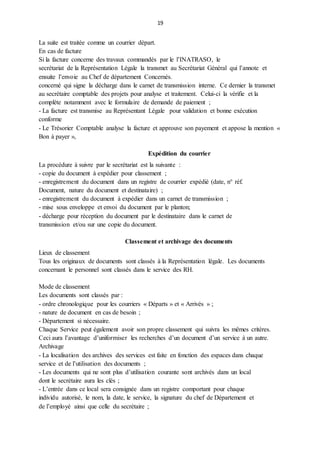 19
La suite est traitée comme un courrier départ.
En cas de facture
Si la facture concerne des travaux commandés par le l’INATRASO, le
secrétariat de la Représentation Légale la transmet au Secrétariat Général qui l’annote et
ensuite l’envoie au Chef de département Concernés.
concerné qui signe la décharge dans le carnet de transmission interne. Ce dernier la transmet
au secrétaire comptable des projets pour analyse et traitement. Celui-ci la vérifie et la
complète notamment avec le formulaire de demande de paiement ;
- La facture est transmise au Représentant Légale pour validation et bonne exécution
conforme
- Le Trésorier Comptable analyse la facture et approuve son payement et appose la mention «
Bon à payer »,
Expédition du courrier
La procédure à suivre par le secrétariat est la suivante :
- copie du document à expédier pour classement ;
- enregistrement du document dans un registre de courrier expédié (date, n° réf.
Document, nature du document et destinataire) ;
- enregistrement du document à expédier dans un carnet de transmission ;
- mise sous enveloppe et envoi du document par le planton;
- décharge pour réception du document par le destinataire dans le carnet de
transmission et/ou sur une copie du document.
Classement et archivage des documents
Lieux de classement
Tous les originaux de documents sont classés à la Représentation légale. Les documents
concernant le personnel sont classés dans le service des RH.
Mode de classement
Les documents sont classés par :
- ordre chronologique pour les courriers « Départs » et « Arrivés » ;
- nature de document en cas de besoin ;
- Département si nécessaire.
Chaque Service peut également avoir son propre classement qui suivra les mêmes critères.
Ceci aura l’avantage d’uniformiser les recherches d’un document d’un service à un autre.
Archivage
- La localisation des archives des services est faite en fonction des espaces dans chaque
service et de l’utilisation des documents ;
- Les documents qui ne sont plus d’utilisation courante sont archivés dans un local
dont le secrétaire aura les clés ;
- L’entrée dans ce local sera consignée dans un registre comportant pour chaque
individu autorisé, le nom, la date, le service, la signature du chef de Département et
de l’employé ainsi que celle du secrétaire ;
 