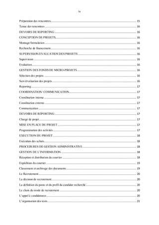iv
Préparation des rencontres........................................................................................................... 15
Tenue des rencontres .................................................................................................................. 16
DEVOIRS DE REPORTING ...................................................................................................... 16
CONCEPTION DE PROJETS..................................................................................................... 16
Montage/formulation .................................................................................................................. 16
Recherche de financement........................................................................................................... 16
SUPERVISION/EVALUATION DES PROJETS......................................................................... 16
Supervision ................................................................................................................................ 16
Evaluation.................................................................................................................................. 16
GESTION DES FONDS DE MICRO-PROJETS.......................................................................... 16
Sélection des projets ................................................................................................................... 16
Suivi/évaluation des projets......................................................................................................... 16
Reporting................................................................................................................................... 17
COORDINATION/ COMMUNICATION.................................................................................... 17
Coordination interne ................................................................................................................... 17
Coordination externe................................................................................................................... 17
Communication.......................................................................................................................... 17
DEVOIRS DE REPORTING ...................................................................................................... 17
Chargé de projet......................................................................................................................... 17
MISE EN PLACE DU PROJET.................................................................................................. 17
Programmation des activités........................................................................................................ 17
EXECUTION DU PROJET........................................................................................................ 18
Exécution des achats................................................................................................................... 18
PROCEDURES DE GESTION ADMINISTRATIVE................................................................... 18
GESTION DE L’INFORMATION.............................................................................................. 18
Réception et distribution du courrier ............................................................................................ 18
Expédition du courrier ................................................................................................................ 19
Classement et archivage des documents ....................................................................................... 19
Le Recrutement.......................................................................................................................... 20
La décision de recrutement.......................................................................................................... 20
La définition du poste et du profil du candidat recherché............................................................... 20
Le choix du mode de recrutement................................................................................................ 20
L’appel à candidatures................................................................................................................ 20
L’organisation des tests............................................................................................................... 21
 