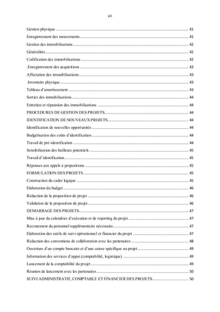 vii
Gestion physique ........................................................................................................................ 41
Enregistrement des mouvements.................................................................................................. 41
Gestion des immobilisations ........................................................................................................ 42
Généralités................................................................................................................................. 42
Codification des immobilisations ................................................................................................. 42
.Enregistrement des acquisitions .................................................................................................. 43
Affectation des immobilisations................................................................................................... 43
.Inventaire physique.................................................................................................................... 43
Tableau d’amortissement ............................................................................................................ 43
Sorties des immobilisations ......................................................................................................... 44
Entretien et réparation des immobilisations .................................................................................. 44
PROCEDURES DE GESTION DES PROJETS............................................................................ 44
IDENTIFICATION DE NOUVEAUXPROJETS......................................................................... 44
Identification de nouvelles opportunités ....................................................................................... 44
Budgétisation des coûts d’identification ....................................................................................... 44
Travail de pré-identification ........................................................................................................ 44
Sensibilisation des bailleurs potentiels ......................................................................................... 45
Travail d’identification................................................................................................................ 45
Réponses aux appels à propositions ............................................................................................. 45
FORMULATION DES PROJETS............................................................................................... 45
Construction du cadre logique ..................................................................................................... 45
Elaboration du budget................................................................................................................. 46
Rédaction de la proposition de projet ........................................................................................... 46
Validation de la proposition de projet........................................................................................... 46
DEMARRAGE DES PROJETS................................................................................................... 47
Mise à jour du calendrier d’exécution et de reporting du projet ...................................................... 47
Recrutement du personnel supplémentaire nécessaire.................................................................... 47
Elaboration des outils de suivi opérationnel et financier du projet .................................................. 47
Rédaction des conventions de collaboration avec les partenaires.................................................... 48
Ouverture d’un compte bancaire et d’une caisse spécifique au projet.............................................. 49
Information des services d’appui (comptabilité, logistique) ........................................................... 49
Lancement de la comptabilité du projet ........................................................................................ 49
Réunion de lancement avec les partenaires................................................................................... 50
SUIVI ADMINISTRATIF, COMPTABLE ET FINANCIER DES PROJETS................................. 50
 