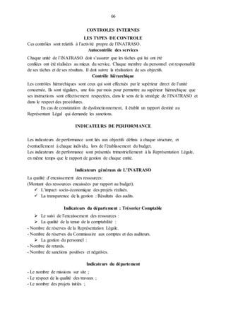 66
CONTROLES INTERNES
LES TYPES DE CONTROLE
Ces contrôles sont relatifs à l’activité propre de l’INATRASO.
Autocontrôle des services
Chaque unité de l’INATRASO doit s’assurer que les tâches qui lui ont été
confiées ont été réalisées au mieux du service. Chaque membre du personnel est responsable
de ses tâches et de ses résultats. Il doit suivre la réalisation de ses objectifs.
Contrôle hiérarchique
Les contrôles hiérarchiques sont ceux qui sont effectués par le supérieur direct de l’unité
concernée. Ils sont réguliers, une fois par mois pour permettre au supérieur hiérarchique que
ses instructions sont effectivement respectées, dans le sens de la stratégie de l’INATRASO et
dans le respect des procédures.
En cas de constatation de dysfonctionnement, il établit un rapport destiné au
Représentant Légal qui demande les sanctions.
INDICATEURS DE PERFORMANCE
Les indicateurs de performance sont liés aux objectifs définis à chaque structure, et
éventuellement à chaque individu, lors de l’établissement du budget.
Les indicateurs de performance sont présentés trimestriellement à la Représentation Légale,
en même temps que le rapport de gestion de chaque entité.
Indicateurs généraux de L’INATRASO
La qualité d’encaissement des ressources:
(Montant des ressources encaissées par rapport au budget).
 L’impact socio-économique des projets réalisés.
 La transparence de la gestion : Résultats des audits.
Indicateurs du département : Trésorier Comptable
 Le suivi de l’encaissement des ressources :
 La qualité de la tenue de la comptabilité :
- Nombre de réserves de la Représentation Légale.
- Nombre de réserves du Commissaire aux comptes et des auditeurs.
 La gestion du personnel :
- Nombre de retards.
- Nombre de sanctions positives et négatives.
Indicateurs du département
- Le nombre de missions sur site ;
- Le respect de la qualité des travaux ;
- Le nombre des projets initiés ;
 