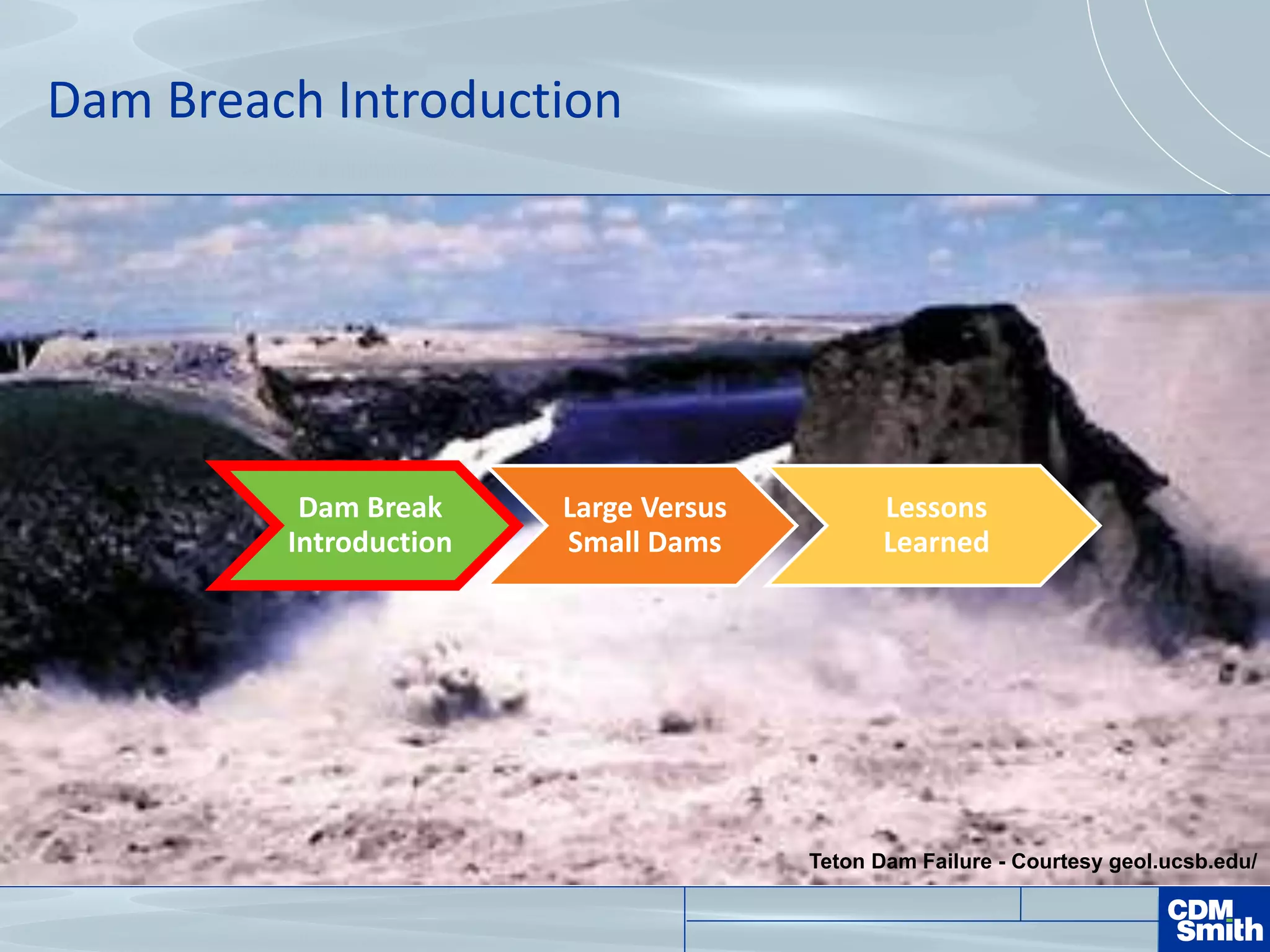 Teton Dam Failure - Courtesy geol.ucsb.edu/
Dam Breach Introduction
Dam Break
Introduction
Large Versus
Small Dams
Lessons
Learned
 