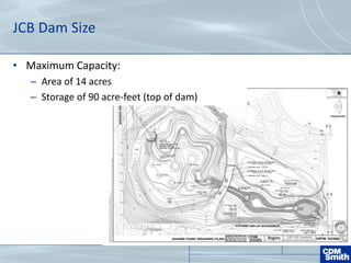 JCB Dam Size
• Maximum Capacity:
– Area of 14 acres
– Storage of 90 acre-feet (top of dam)
 