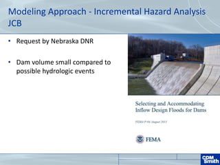Modeling Approach - Incremental Hazard Analysis
JCB
• Request by Nebraska DNR
• Dam volume small compared to
possible hydrologic events
 