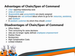 Advantages of Chain/Span of Command
 Clear reporting relationship exist
 Unity of Command
 Responsibility and accountability are clearly assigned
 Employees are not confused about whom to go to for resources, assistance,
and feedback
 It assistant customers to whom they should contact
 Office Politics
 Time consuming for some decisions
 Jobs are no longer rigidly defined employees empowerment
 Position Power
 Bureaucracy
 High Compensation Costs
 Limited Initiative
Disadvantages of Chain/Span of Command
 