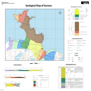 Scale 1:10000
0 0.25 0.5 0.75 1km
Geological Map of Durness
Matthew Simmons
GEOL2026 Geological and Environmental Mapping
2014
40
67
69
68
70
71
38 39 41
38 39 40 41 42
67
68
69
70
971000m
242000m
Stratigraphic Column
A
A
B
22
25
12
14
14
16
14
15
17
20
28
33
40 35
23
31
29
21
32
29
23
21
17
22
18
27
25
27
19
23
31
26
28
32
29
39
30
36
41
39
31
34
30
49
48
19
21
31
14
21
18
14
14
15
14
12
10
14
25
C
C
LST_1
LST_2
LST_3 LST_4
LST_5
LST_2
LST_3
η_2
η_3
η_3
η_2
η_1
η_1
B
η_4
DurnessGroup
MIDDLE
ORDOVICIAN
EARLY
ORDOVICIAN
LATE
CAMBRIAN
Quartz-rich Mylonite
Psammitic Mylonite - Thrust sheet
Mylonitic Orthogneiss - Thrust sheet
Garnet Mica Schist - Thrust zone rocksOystershell
Rock
Orthogneiss
Psammite
MoineThrustMylonites
Balnakeil
Formation
Durine
Formation
Sangomore
Formation
Sailmohr
Formation
Eilean Dubh
Formation
LST_5
LST_4
LST_3
LST_2
LST_5
Dolomitic Limestone
Microbialitic Limestone with Stromatolites
Cherty Limestone with Stromatolites
Cherty Dolostone
Microbialtic Dolostone
Sedimentary
Metamorphics
LST_5
LST_4
LST_3
LST_2
LST_5
Sedimentary
Metamorphics
η_3
η_3
η_1
η_2
Mylonite
PROTEROZOIC
Map and Stratigraphic Log Key
Fault = Geological Boundary =
Thrust = Inferred Boundary =
Strike and Dip of Bedding = Strike and Dip of Foliation =
Grassland = Dunes =
Beach Sand = Marshland =
(Tick on downthrow side)
(Barbs on hanging well)
15 41
500m
Dolimitised Limestone =
Limestone =
Stromatolite =
Thrombolite =
Chert =
= Cephalopod
= Gastropod
= Burrow
50
100
150
-50
-100
-150
50
100
150
-50
-100
-150
LST_1 LST_2 LST_3 LST_4 LST_5
0 0
A A
3577 m
Height (m)Height (m)
50
100
150
-50
-100
-150
00
BB
50
100
150
-50
-100
-150
η_2 η_3η_1
Moine
Thrust
1850 m
Height (m)Height (m)
0
50
100
150
-50
-100
-150
50
100
150
-50
-100
-150
0
C
-200-200
-250
-300
C
η_1
η_2
LST_5
LST_3
LST_2
Moine
Thrust
Sangobeg
Normal
Fault
Height (m) Height (m)
1320 m
-250
? ?
LST_1
-300
Cross Section Key
Fault = Geological Boundary =
Thrust = Inferred Boundary =
LST_5
LST_1
LST_2
LST_3
LST_4
η_2
η_3
η_1
Orthogneiss
Psammite
Balnakeil
Durine
Sangomore
Sailmohr
Eilean Dubh
Oystershell Rock
Scale = 1:10,000, All elevations in metres.
500m
Lithology Texture Fossils Structure Rock DescriptionThickness
400
300
200
100
800
700
600
500
1000
900
m
m
m
m
m
m
m
m
m
m
Finely
Crystaline,
Sparitic
Finely
Crystaline,
Sparitic
Finely
Crystaline,
Sparitic
Fine
grained,
Micritic
Fine
grained,
Micritic
Jointing was measured to
be parrallel to strike at an
average on 60 degrees.
The average bedding
thickness was measured
at 15-20 cm.
Jointing was measured to be
parallel to strike at an average
on 60 degrees. The average
bedding thickness was
measured at 0.5 meters.
Jointing was measured to be
the same as Limestone 1.
The average bedding thickness
was measured at 0.5 meters.
Numerous shallow wavy folds of
1-2 m width and 0.5 m height.
Strike matches with bedding.
Thin (20 cm) discontinuous
bedding observed. Jointing was
similar, but less extensive . Small
folds continue to be present
Jointing was similar, but less
extensive. Small folds continue
to be present.
Bedding is highly variable, with
a range of 0.3 to 1 meter in
thickness.
Limestone 1 is a light grey, sparitic, dolomitised
limestone with many stromatolite fossils.
In conclusion, it is the Eilean Dubh formation.
Limestone 2 is a dark grey, micritic, dolomitised
limestone with frequent stromatolite fossils
and chert nodules.
In conclusion, it is the Sailmohr Formation.
Limestone 3 is a light grey limestone, with
recurrent domed microbial structures and
infrequent calcite shells. Sangomore formation
Limestone 4 is a dark grey, micritic, limestone
with varied bedding. Fossils are similar to the
Sangomore Formation, with the main difference
being the absence of chert. In conclusion, this
is the Balnakeil Formation.
Limestone 5 is a dolomitised limestone that is
varied in colour from light to dark grey. This
sparitic carbonate has patches of red dolomite
and thin beds of 15-20 cm. Microbial mats are
absent from this unit, with the only fossils being
broken calcite shells. Rare chert nodules are
observed.
In conclusion, this mapped unit represents two
documented formations, the Croisaphuill and
the Durine.
Stratagrpahic LogCross Sections
January 2015
 