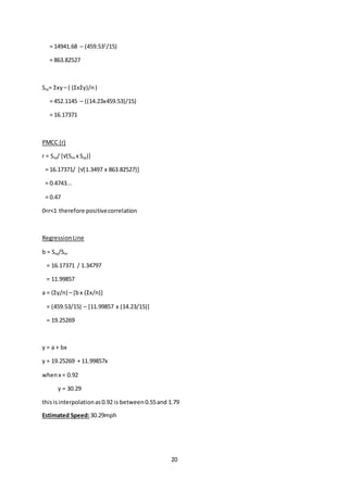 20
= 14941.68 – (459.532
/15)
= 863.82527
Sxy= Σxy – ( (ΣxΣy)/n)
= 452.1145 – ((14.23x459.53)/15)
= 16.17371
PMCC (r)
r = Sxy/ [√(Sxx x Syy)]
= 16.17371/ [√(1.3497 x 863.82527)]
= 0.4743...
= 0.47
0<r<1 therefore positivecorrelation
RegressionLine
b = Sxy/Sxx
= 16.17371 / 1.34797
= 11.99857
a = (Σy/n) – [bx (Σx/n)]
= (459.53/15) – [11.99857 x (14.23/15)]
= 19.25269
y = a + bx
y = 19.25269 + 11.99857x
whenx = 0.92
y = 30.29
thisisinterpolationas0.92 is between0.55and 1.79
Estimated Speed:30.29mph
 
