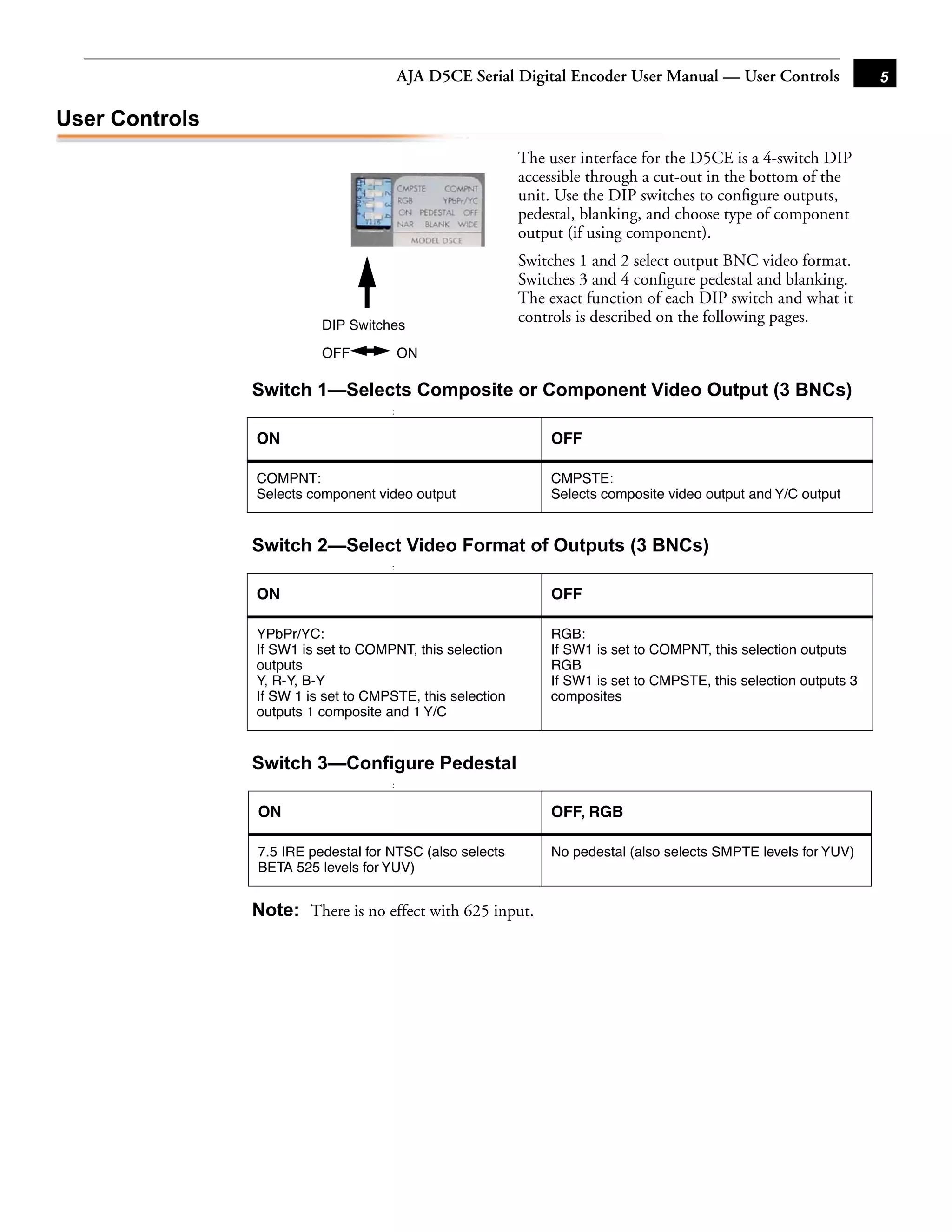 AJA D5CE Serial Digital Encoder User Manual — User Controls               5

User Controls
                         1                                 The user interface for the D5CE is a 4-switch DIP
                         2                                 accessible through a cut-out in the bottom of the
                         3                                 unit. Use the DIP switches to conﬁgure outputs,
                         4
                         5                                 pedestal, blanking, and choose type of component
                         6                                 output (if using component).
                         7
                         8                                 Switches 1 and 2 select output BNC video format.
                         8                                 Switches 3 and 4 conﬁgure pedestal and blanking.
                                                           The exact function of each DIP switch and what it
                          DIP Switches
                                                           controls is described on the following pages.

                          OFF            ON                                                  1
                Switch 1—Selects Composite or Component Video Output (3 BNCs)
                                     :


                ON                                             OFF

                COMPNT:                                        CMPSTE:
                Selects component video output                 Selects composite video output and Y/C output


                Switch 2—Select Video Format of Outputs (3 BNCs)
                                     :


                ON                                             OFF

                YPbPr/YC:                                      RGB:
                If SW1 is set to COMPNT, this selection        If SW1 is set to COMPNT, this selection outputs
                outputs                                        RGB
                Y, R-Y, B-Y                                    If SW1 is set to CMPSTE, this selection outputs 3
                If SW 1 is set to CMPSTE, this selection       composites
                outputs 1 composite and 1 Y/C


                Switch 3—Configure Pedestal
                                     :


                ON                                             OFF, RGB

                7.5 IRE pedestal for NTSC (also selects        No pedestal (also selects SMPTE levels for YUV)
                BETA 525 levels for YUV)


                Note: There is no effect with 625 input.
 