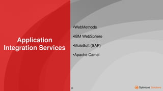 Application
Integration Services
•WebMethods
•IBM WebSphere
•MuleSoft (SAP)
•Apache Camel
13
 
